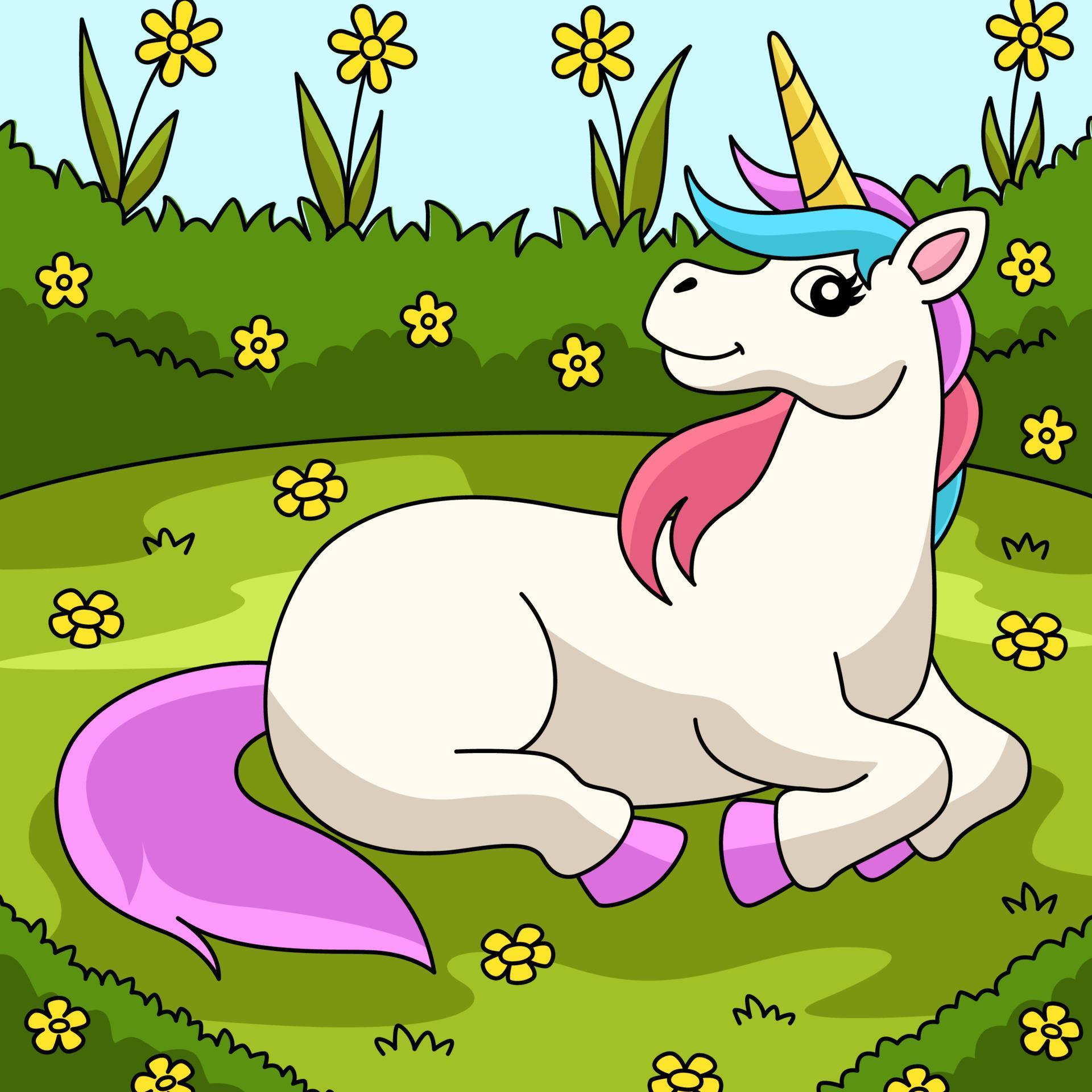 Unicorn Laying On A Flower Field Colored Cartoon Stock Free