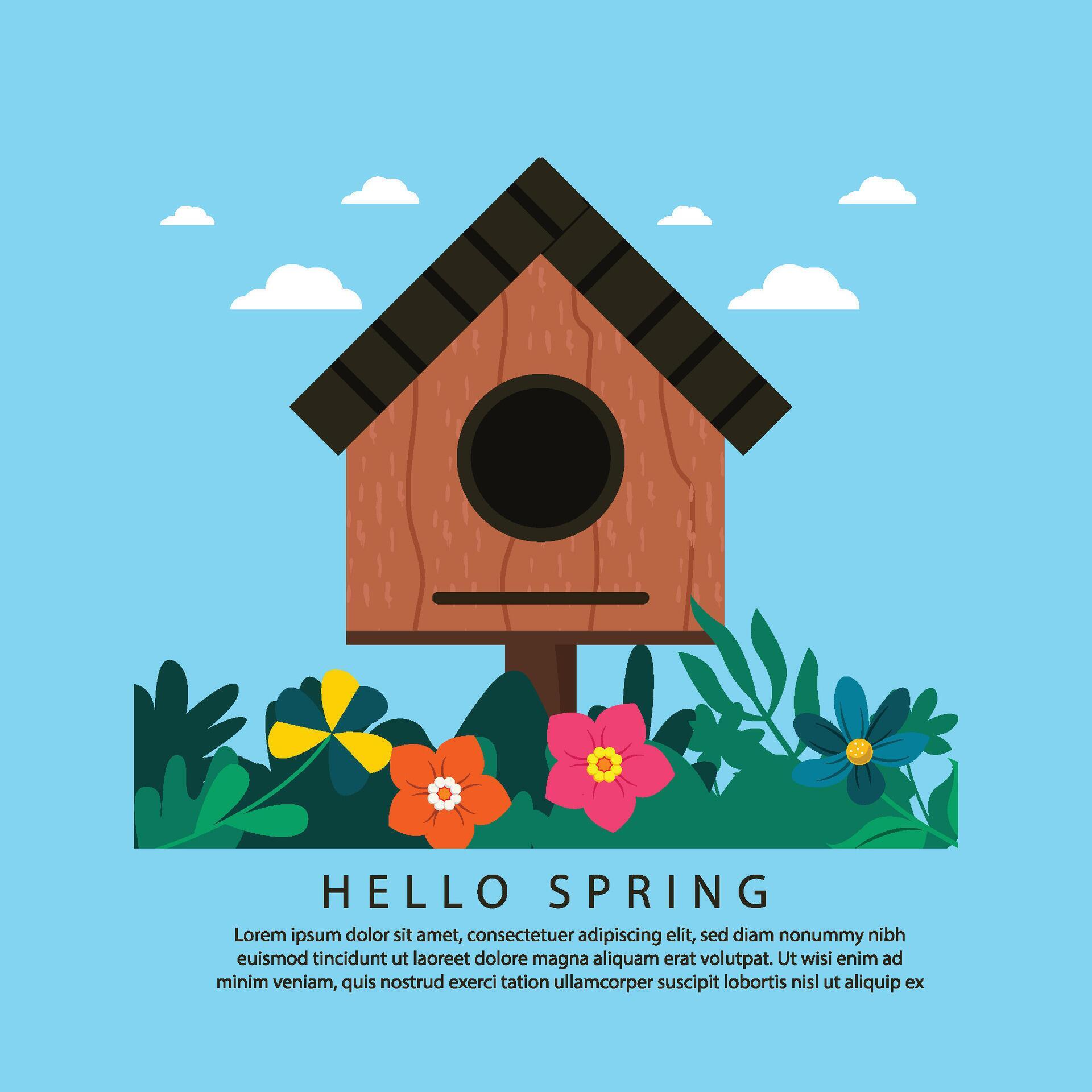 vector square design bird house with beautiful blooming flowers. hello spring art background Stock Free