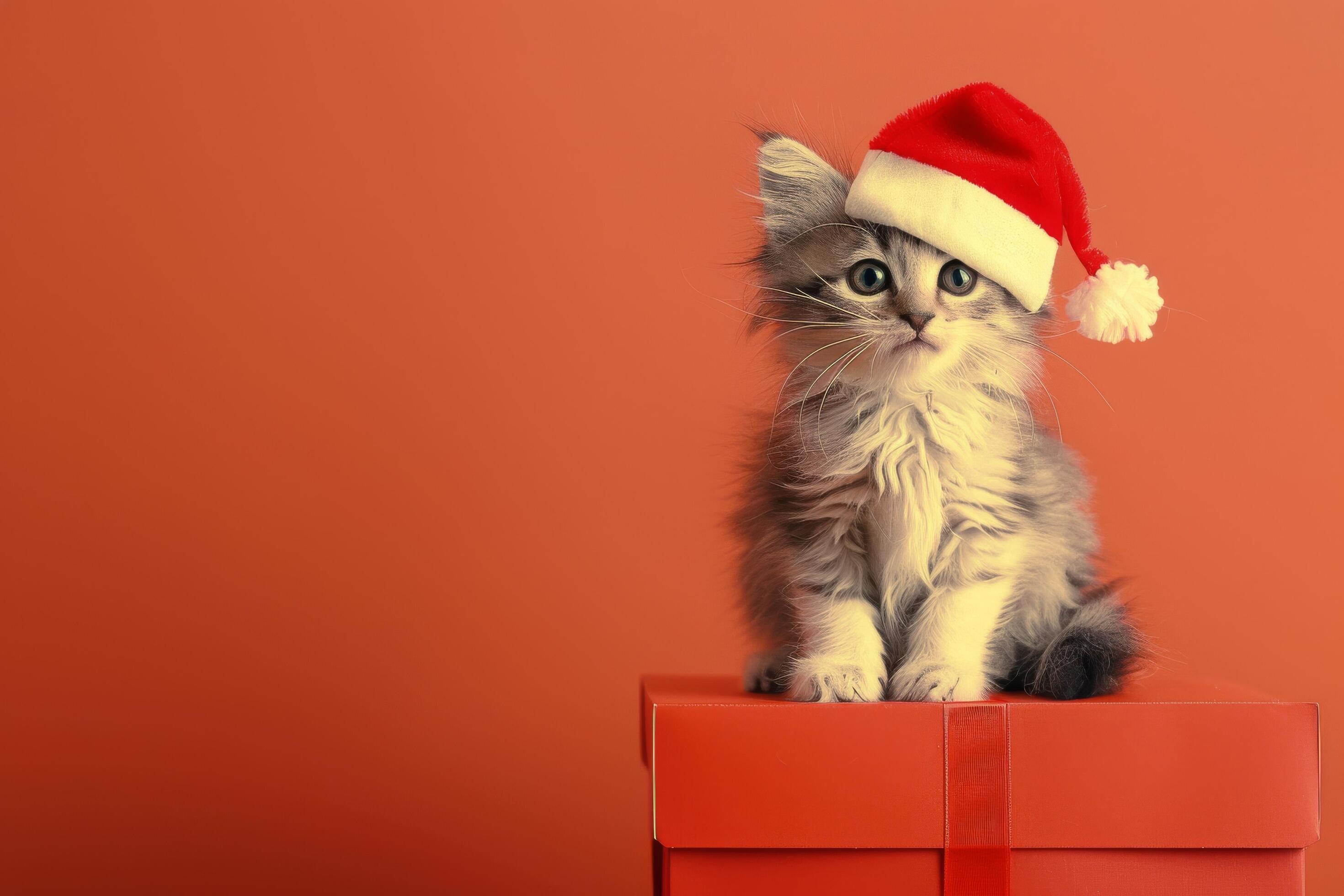 Adorable Kitten Wearing Santa Hat Sitting on Red Gift Box Against Orange Background Stock Free