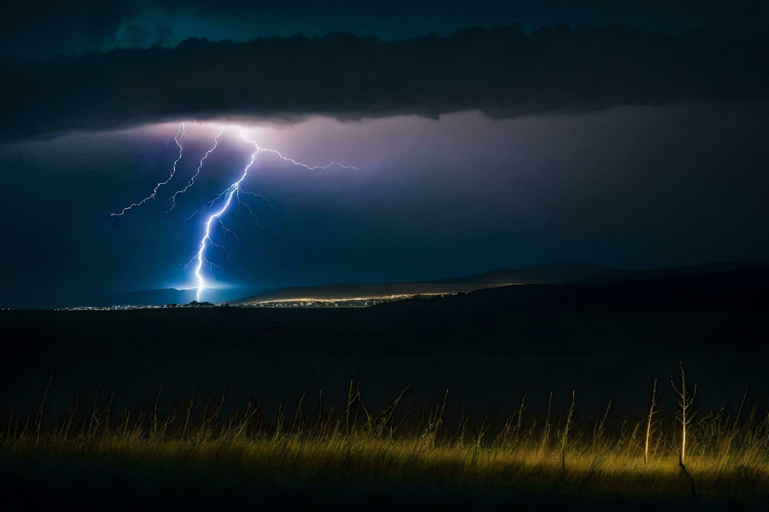 a lightning bolt is seen in the sky over a field Free Photo