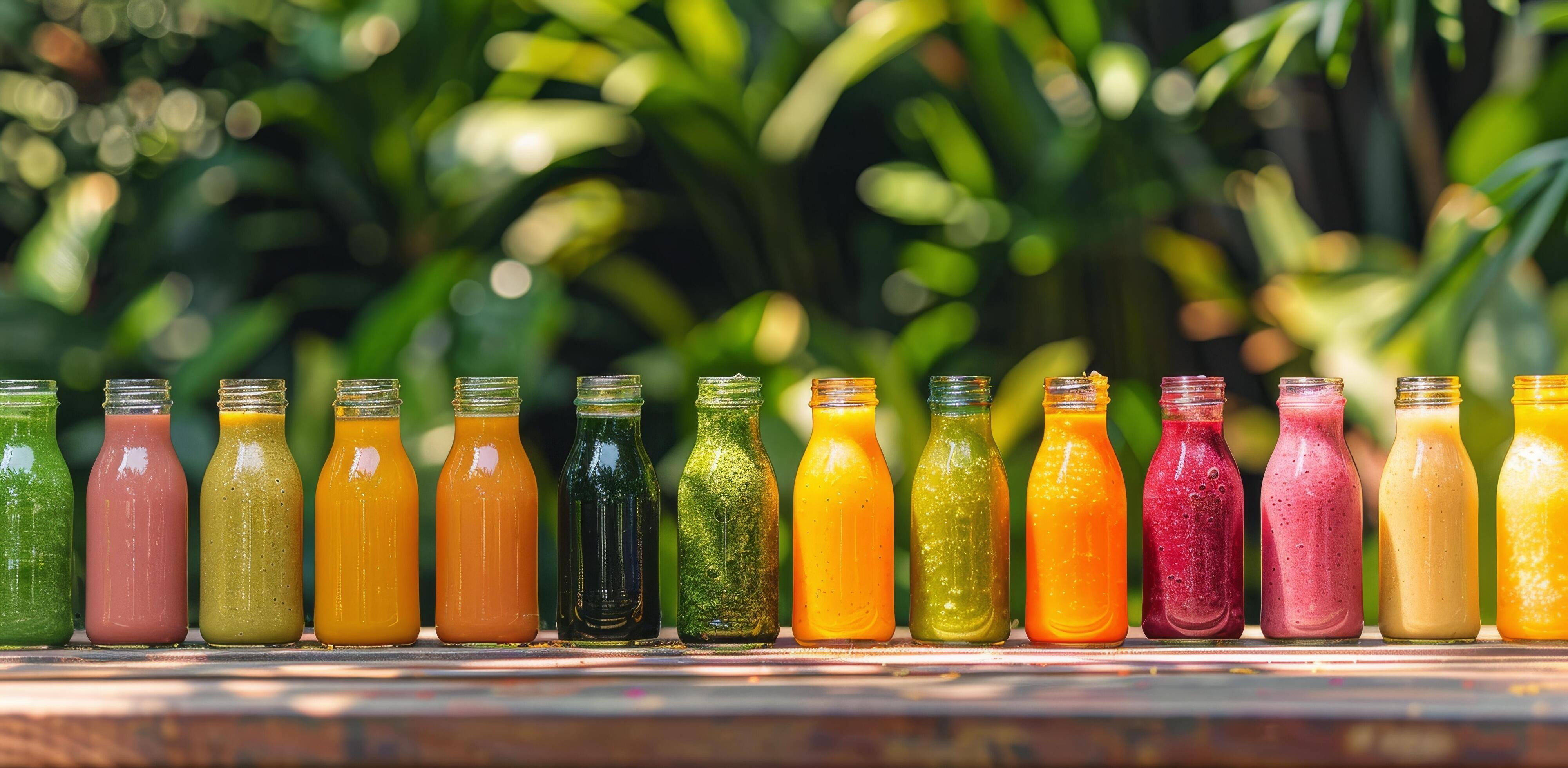 Colorful Bottles of Freshly Made Juice on a Wooden Table in a Lush Green Garden Stock Free