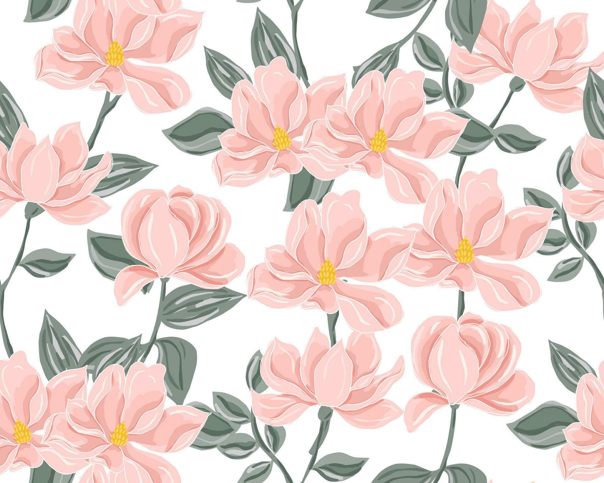 Soft Peach Magnolia Hand Drawn Flower Seamless Pattern Stock Free