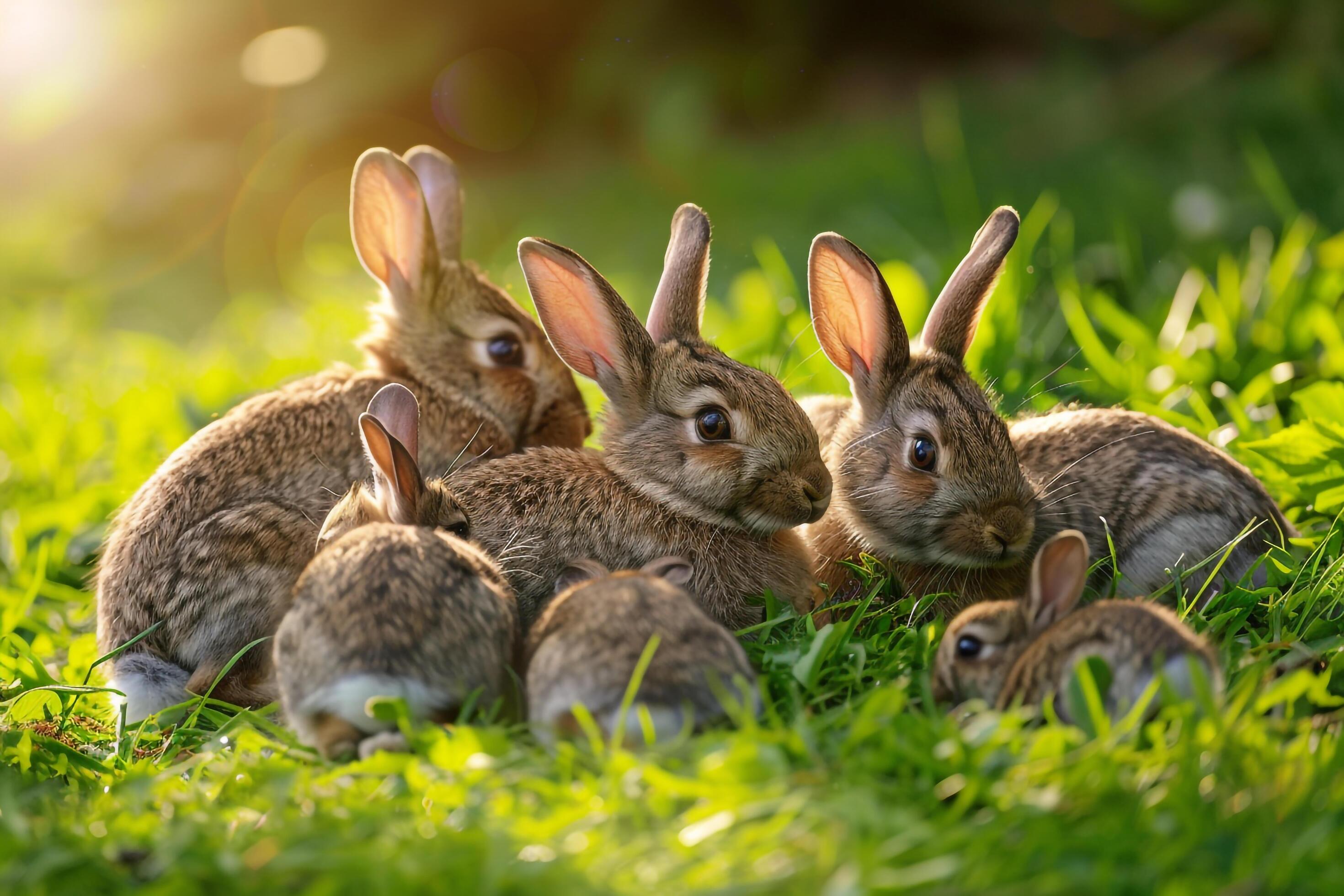 Family of Rabbits Nibbling on Fresh Green Grass in a Sunlit Meadow Nature Background Stock Free