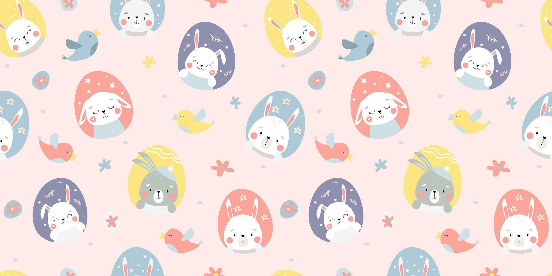 Seamless pattern with cute bunnies. Spring holiday bunnies with colored eggs, flowers. Vector graphics. Stock Free