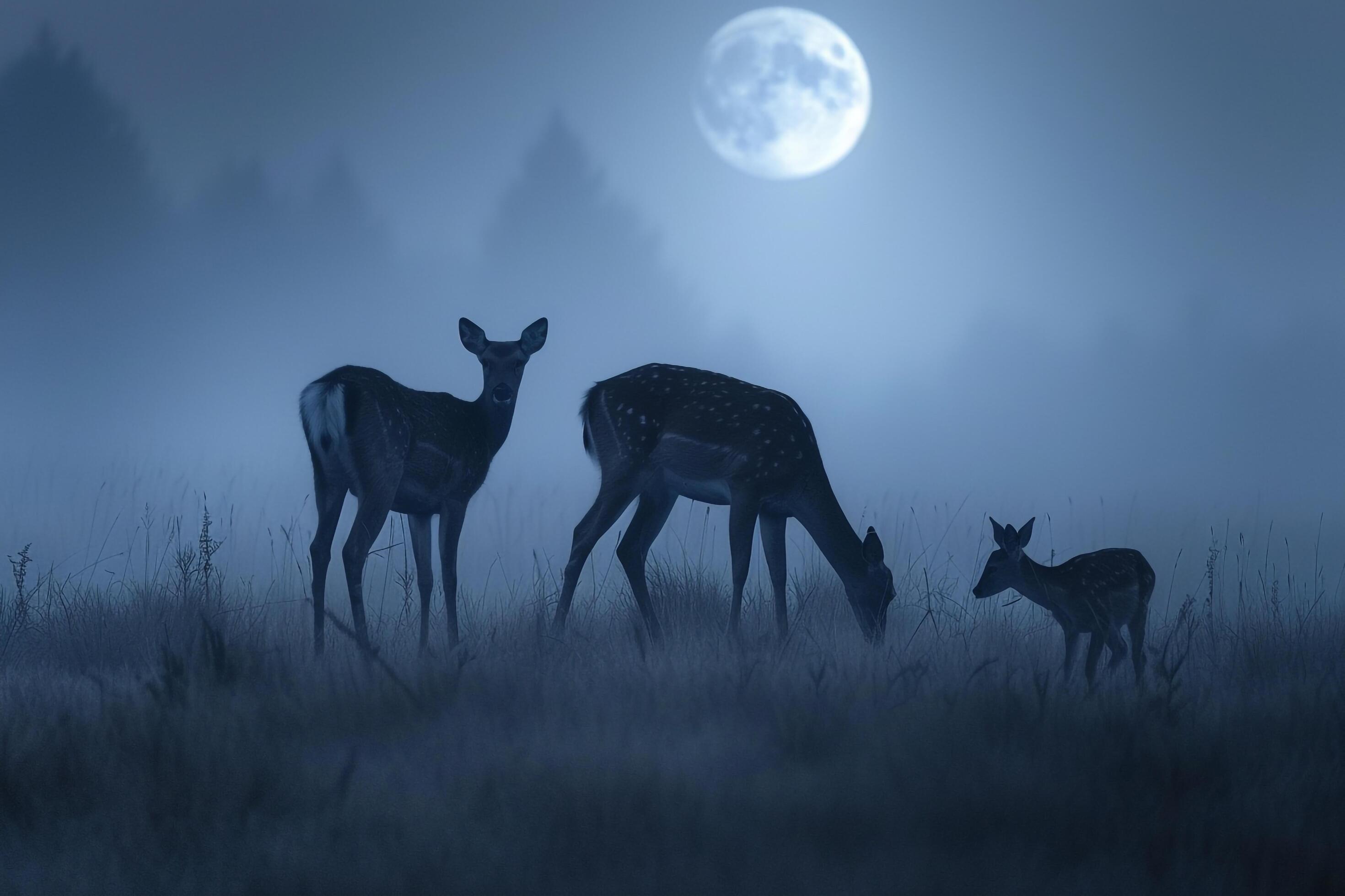 Moonlight Casting Silver Glow on Family of Deer Grazing in Meadow Background in Nature Stock Free