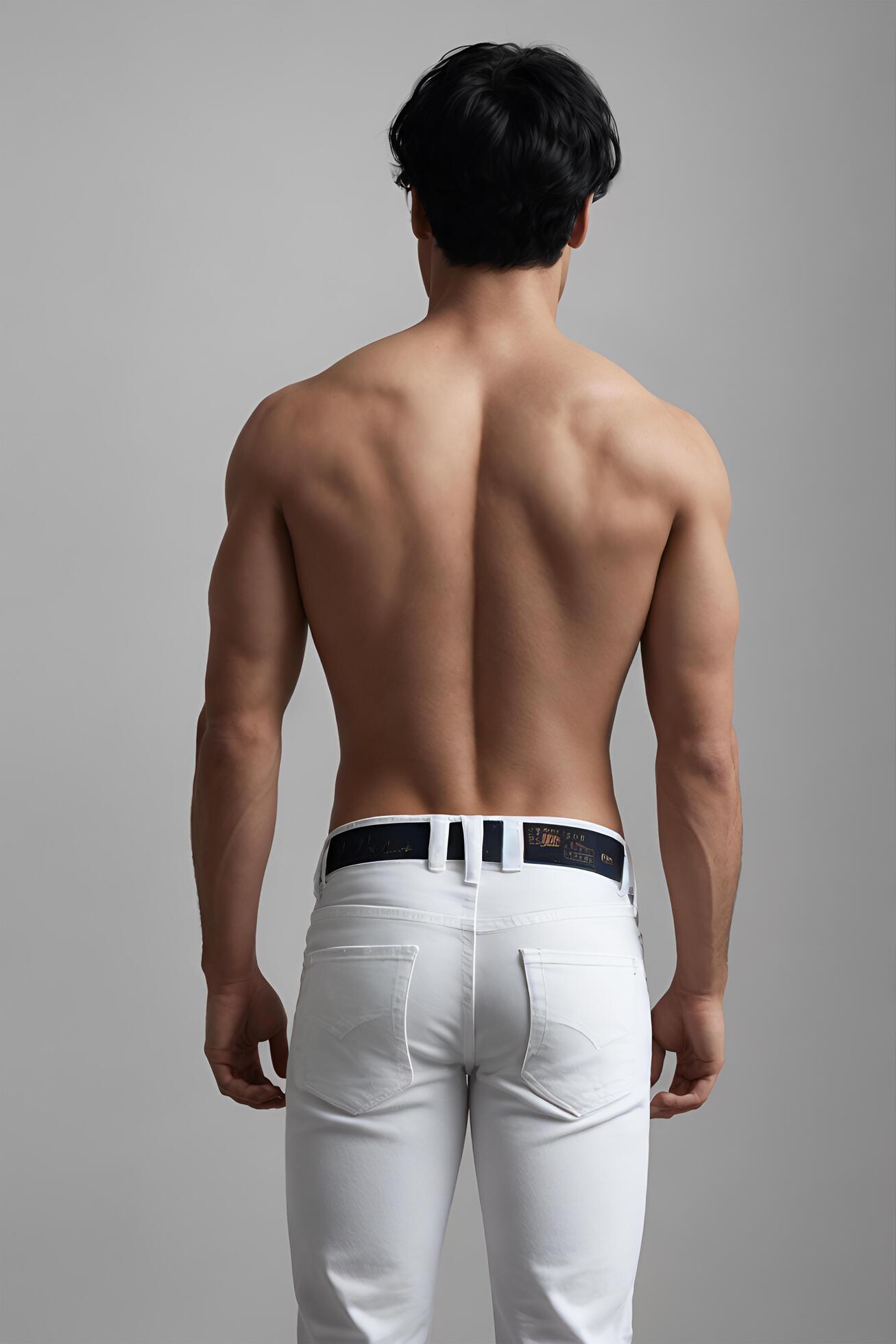 
									Muscular Back View of Man in Jeans on Gray Background Stock Free