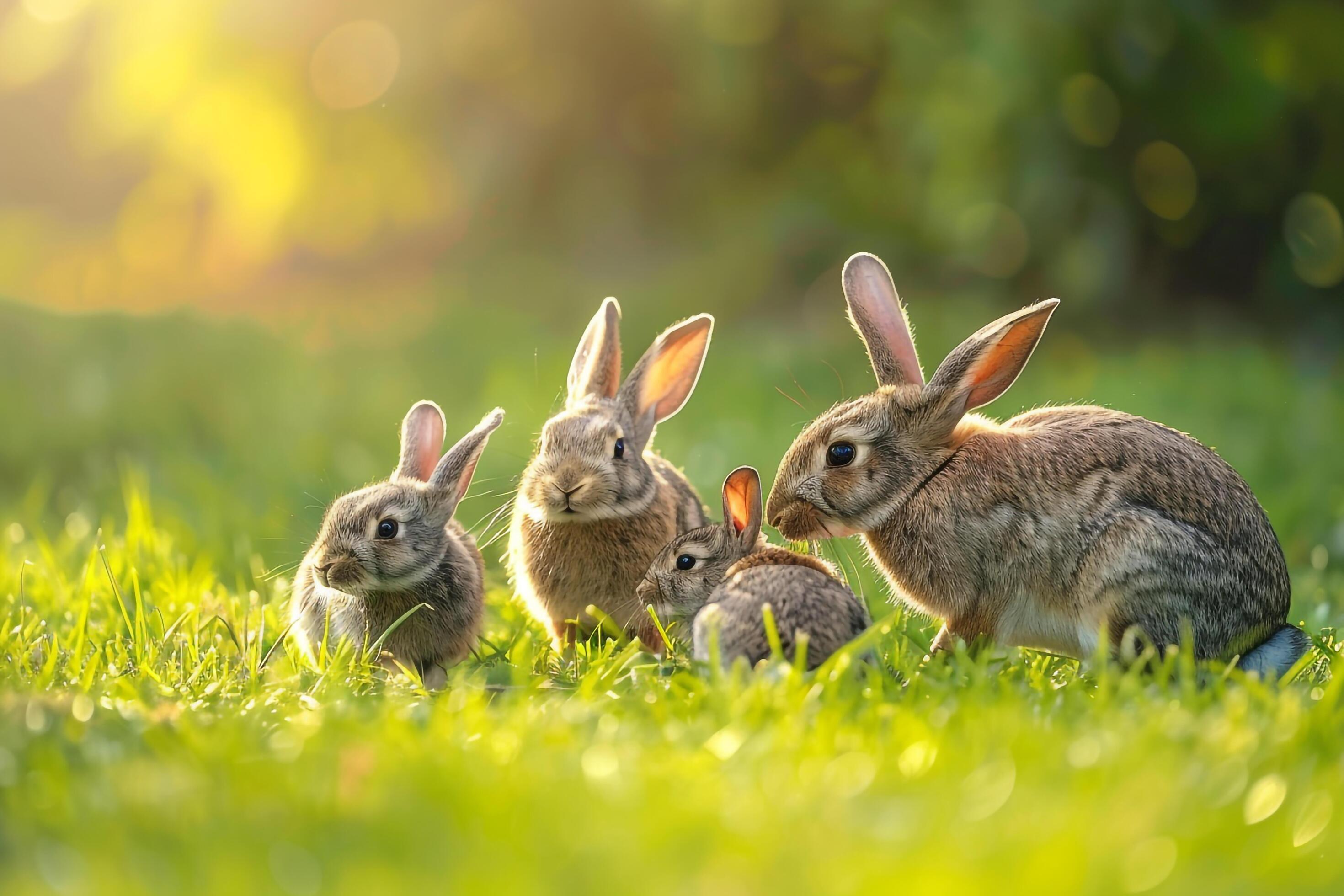 Family of Rabbits Nibbling on Fresh Green Grass in a Sunlit Meadow Nature Background Stock Free