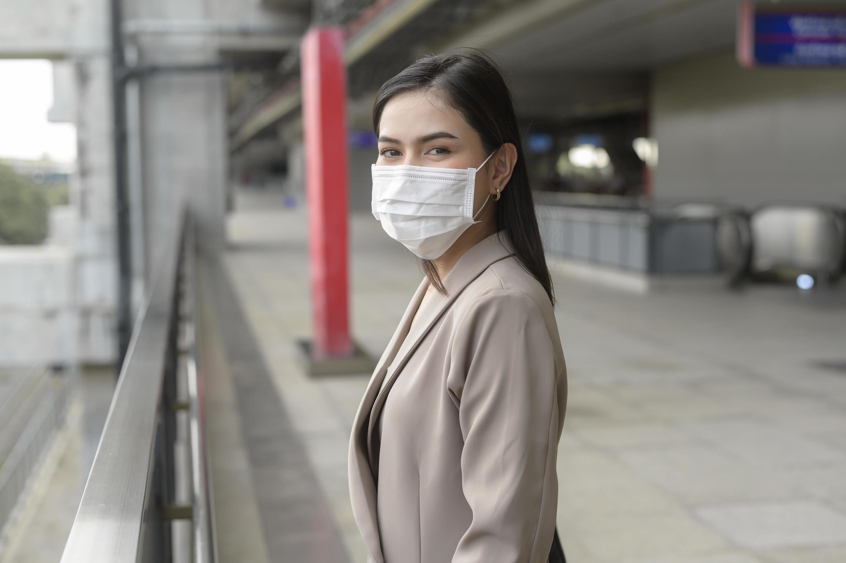 A portrait of Businesswoman is wearing face mask work in modern City , people lifestyle , working under Covid-19 pandemic concept Stock Free