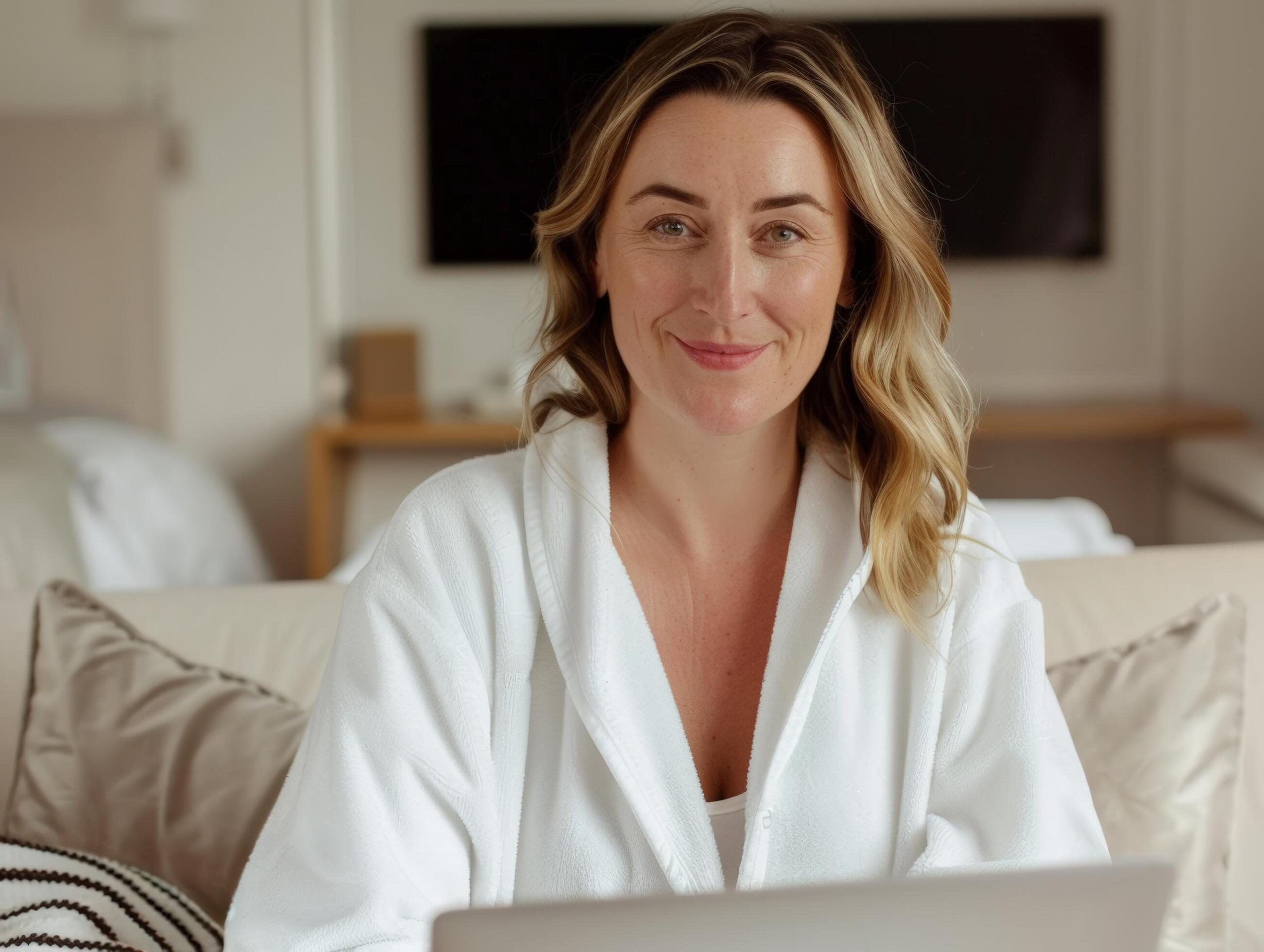 Smiling woman in a white bathrobe using a laptop while seated on a comfortable couch in a cozy living room setting. Stock Free