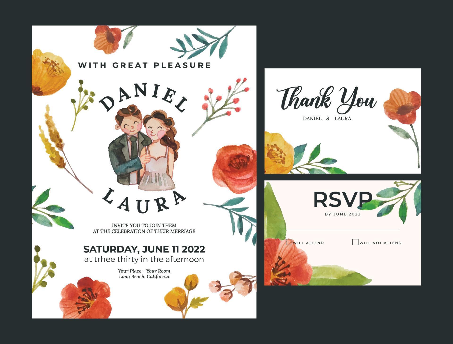 wedding invitation with hand painted watercolor flower template Stock Free