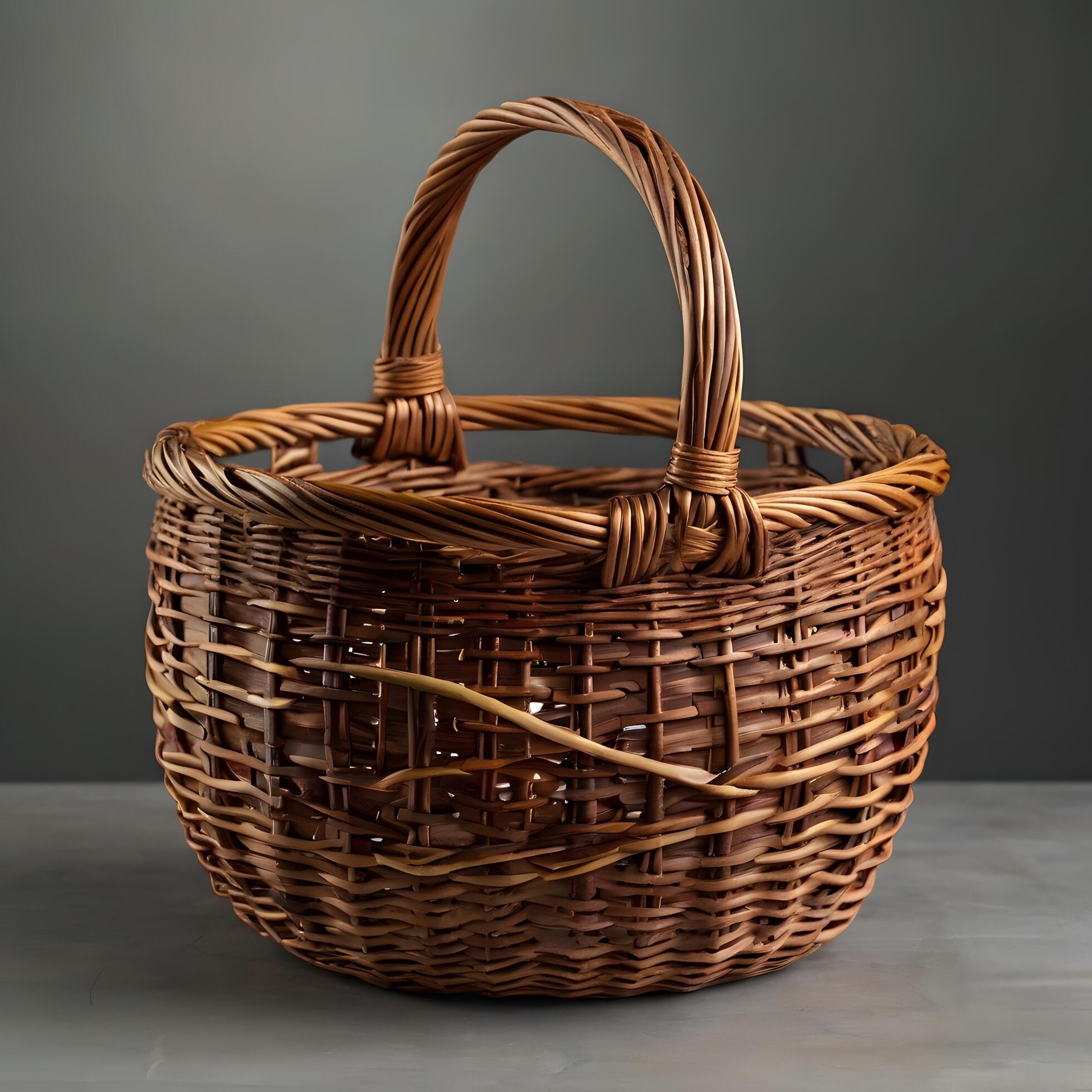 Empty wooden wicker basket, fruit or bread basket on white background Stock Free