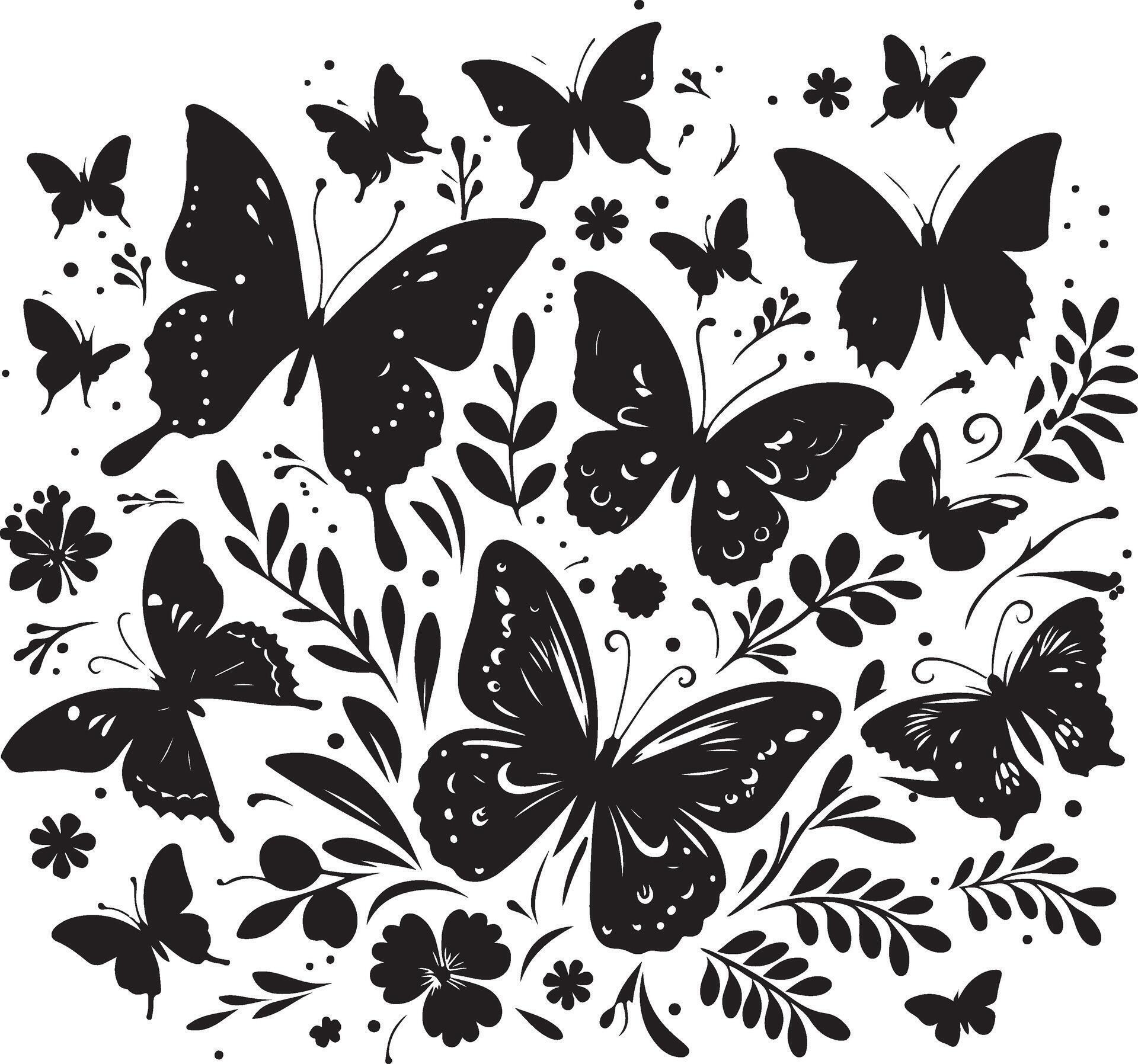 Butterflies and flowers, pattern with butterflies, set of butterflies, Flying butterflies silhouette black set isolated on white background Stock Free