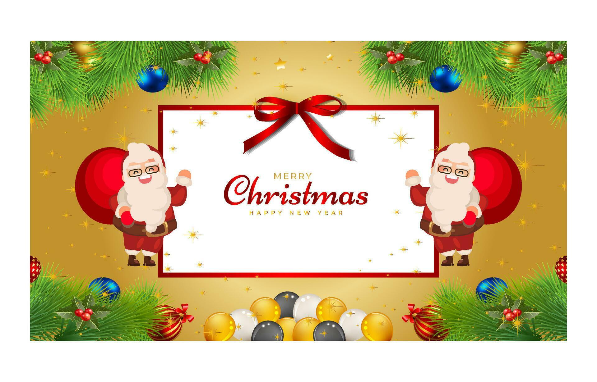 Merry Christmas and Happy New Year. Xmas background banner with Christmas flower, tree, star, balls and golden decoration design. Stock Free