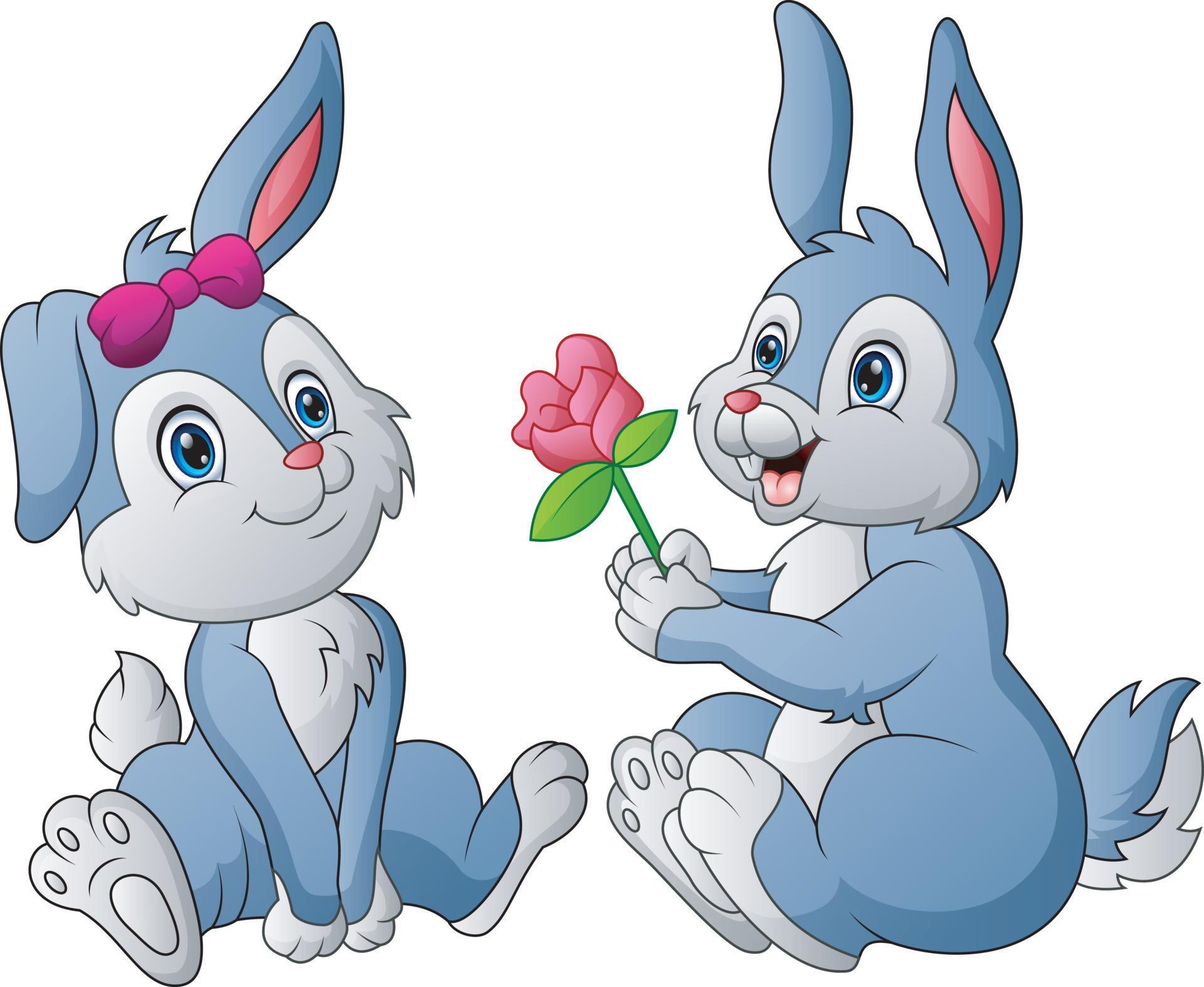 Cute a couple rabbit gives his beloved flower Stock Free