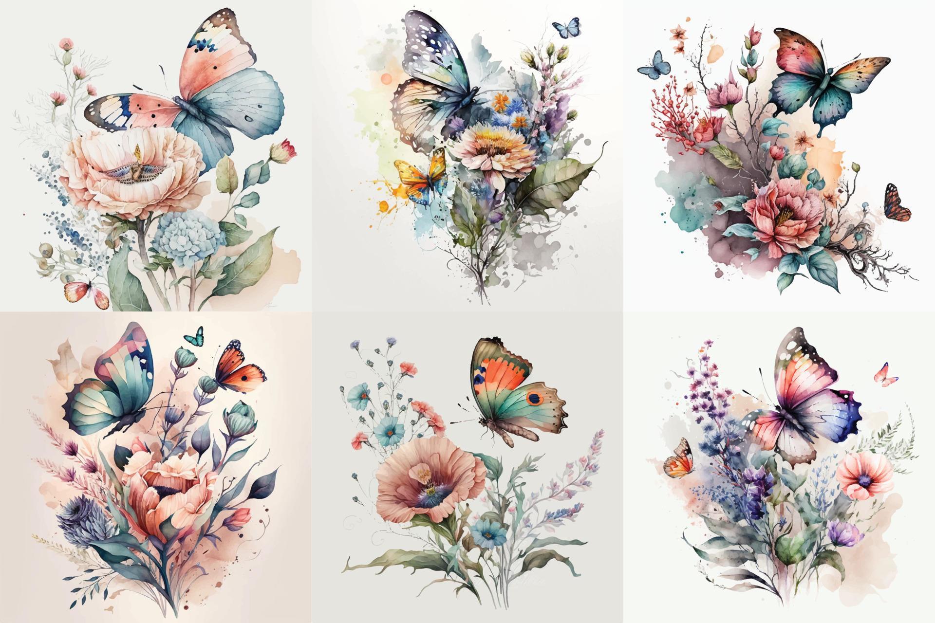 Butterfly Watercolor set, Floral Illustration, Floral Flower, Floral Bundle Stock Free