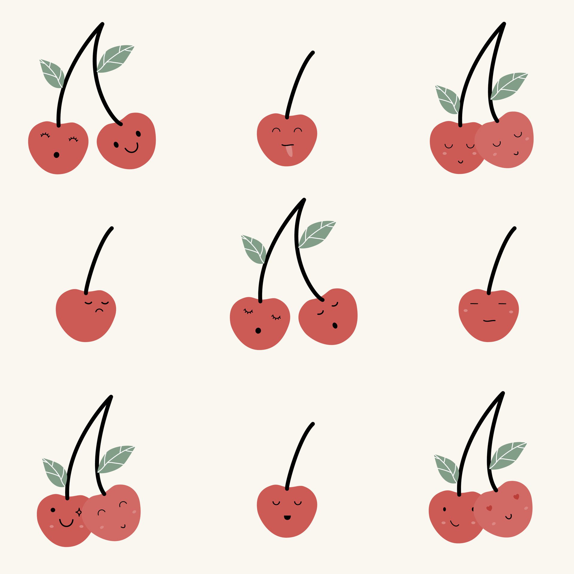 A set of cute hand drawn cherry with face expression character pattern. Cute fruit face expression Character. Pastel background Free Vector