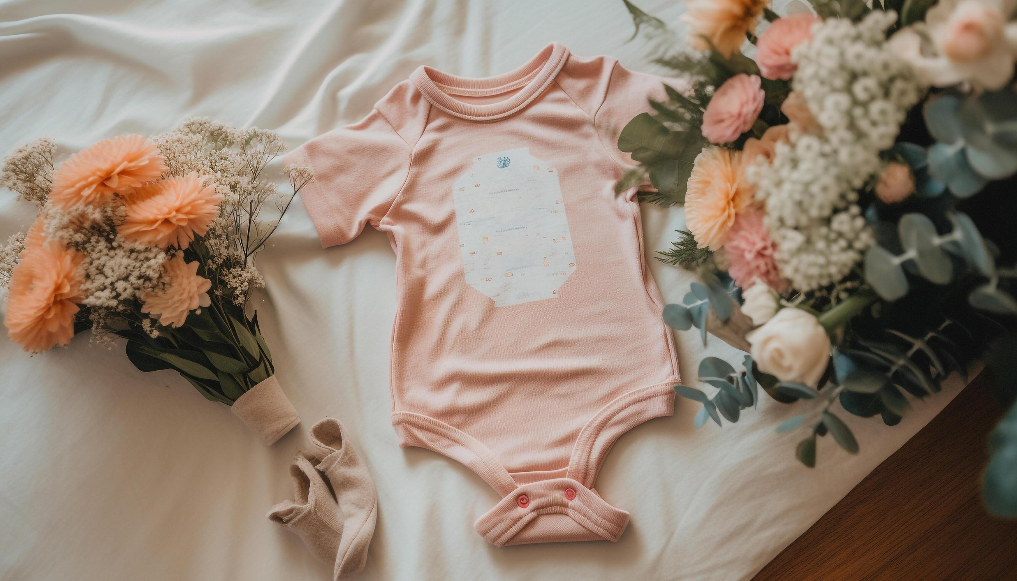 Small baby girl in cute pink dress with flower bouquet generated by AI Stock Free