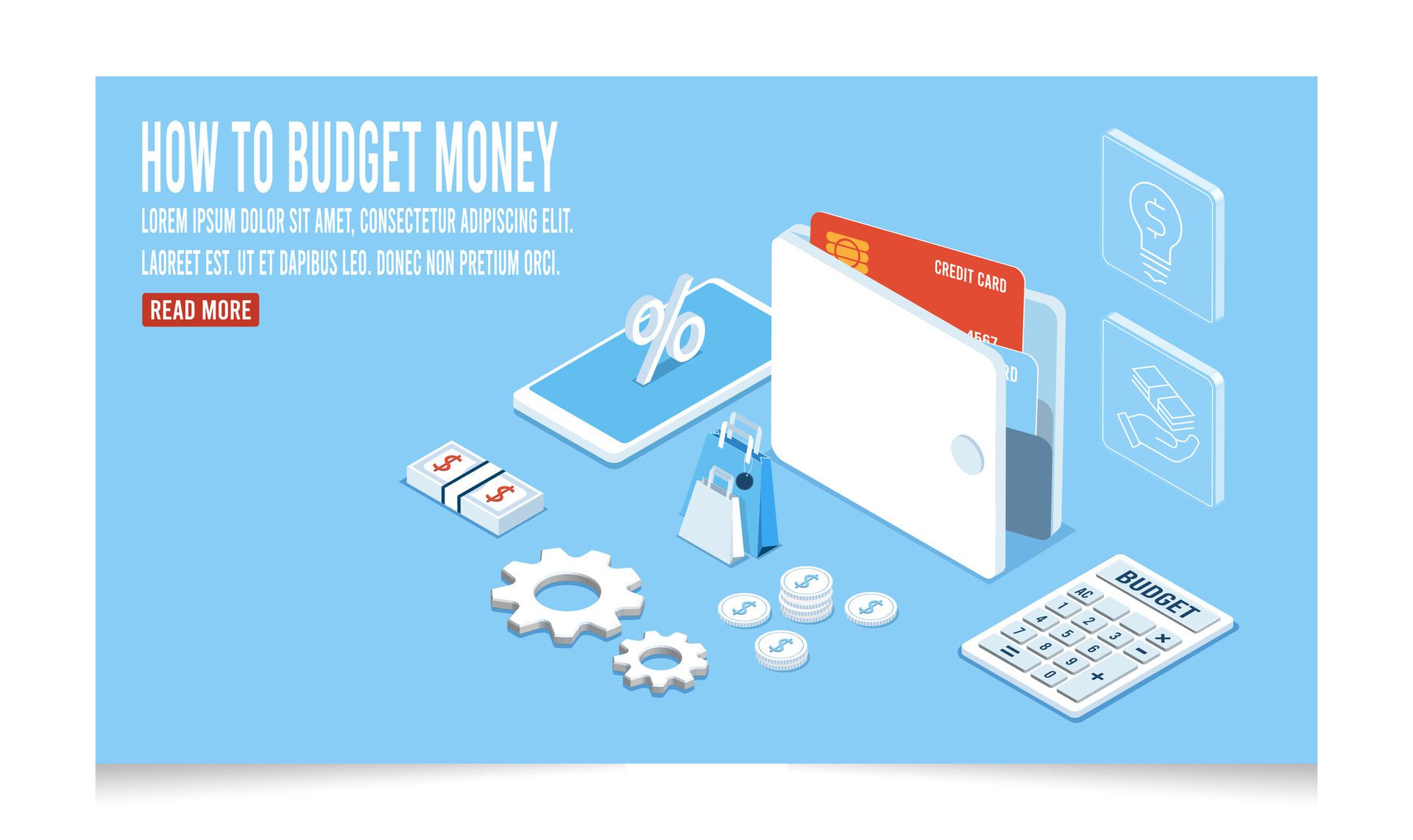 Managing your personal budget planning concept with colorful isometric web banner with copy space for text. Free Vector