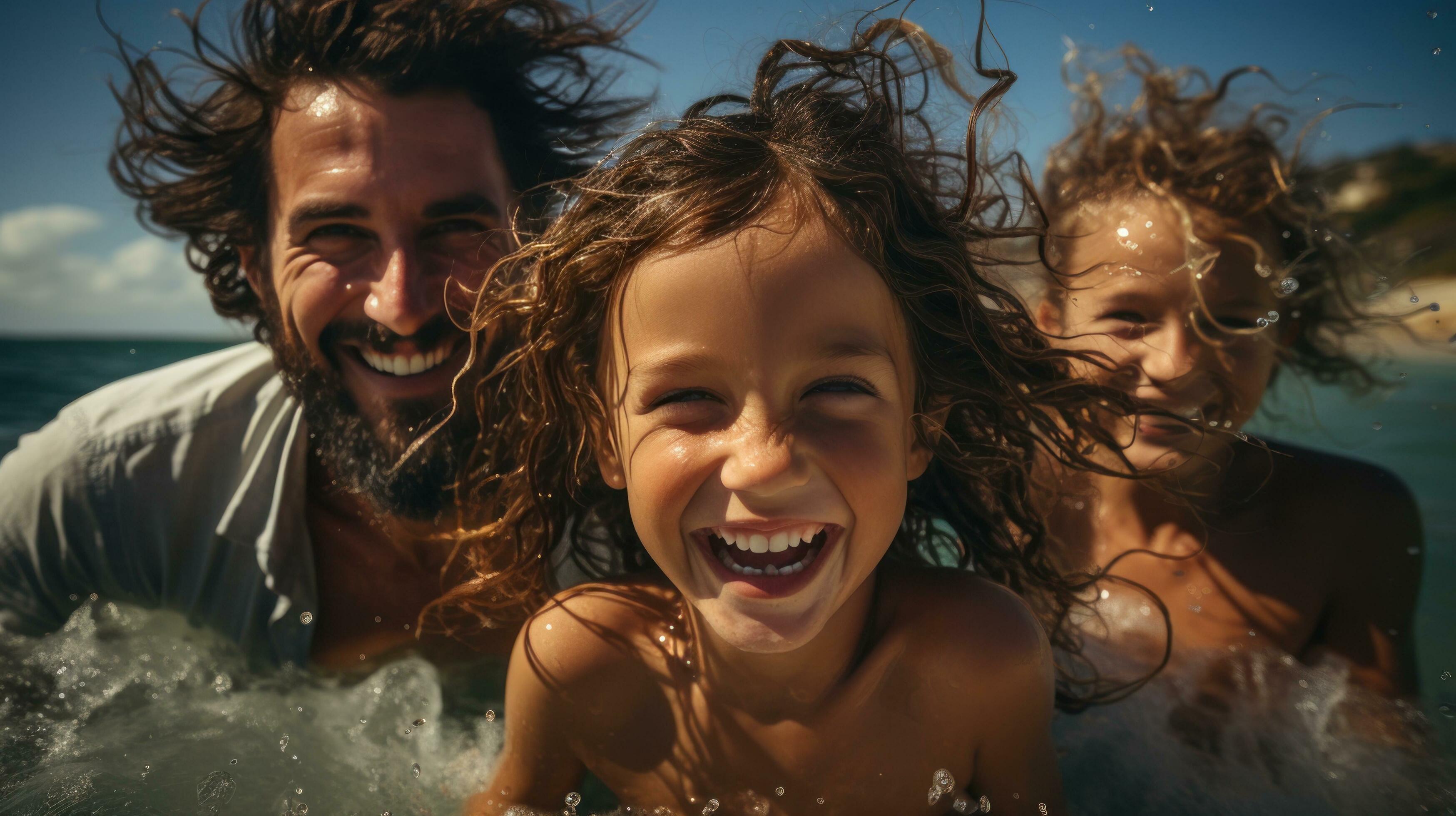 Smiling family playing in the ocean waves on a sunny day Stock Free