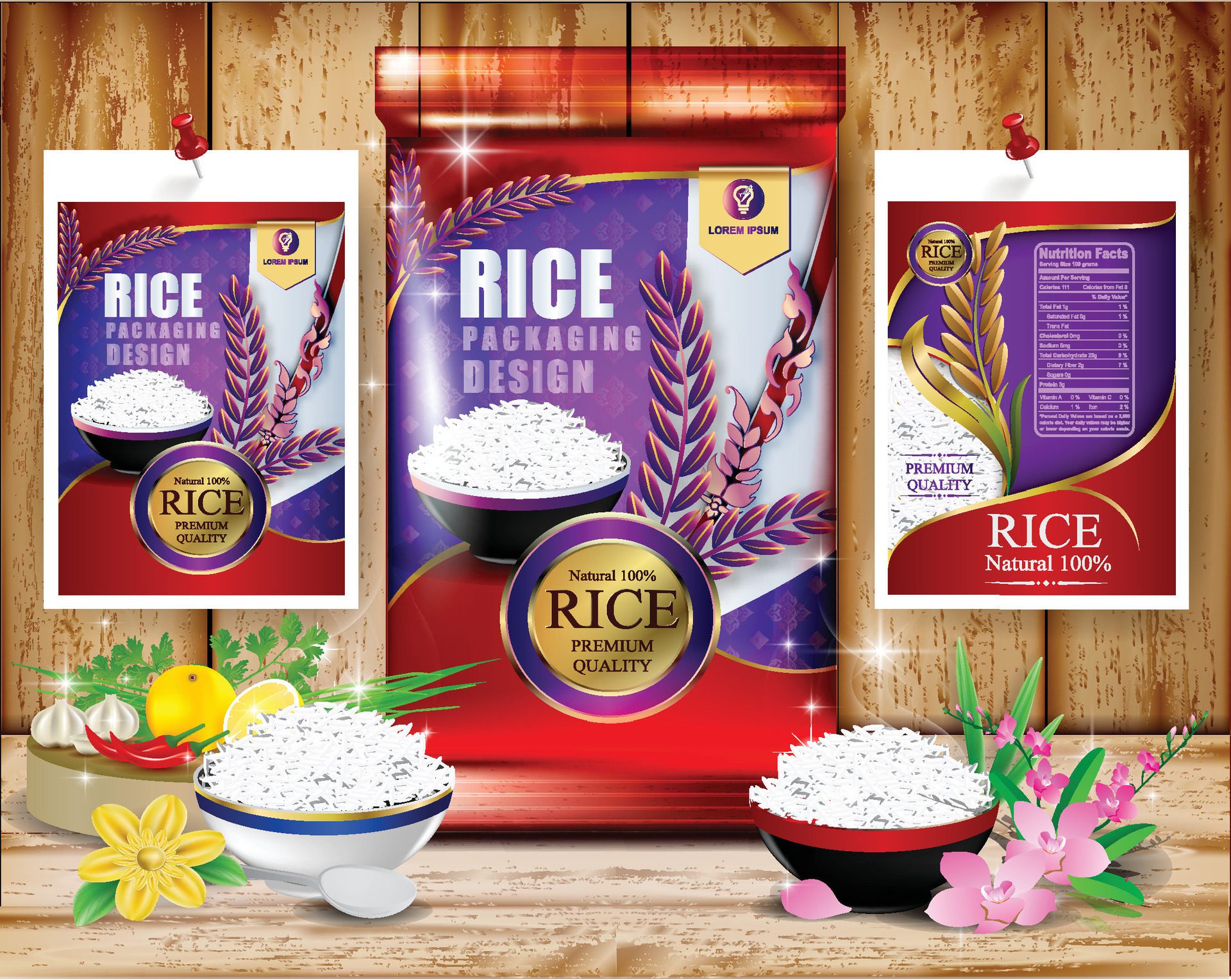 Rice Package food Logo Products and Fabric Arts, banner and poster template Free Vector