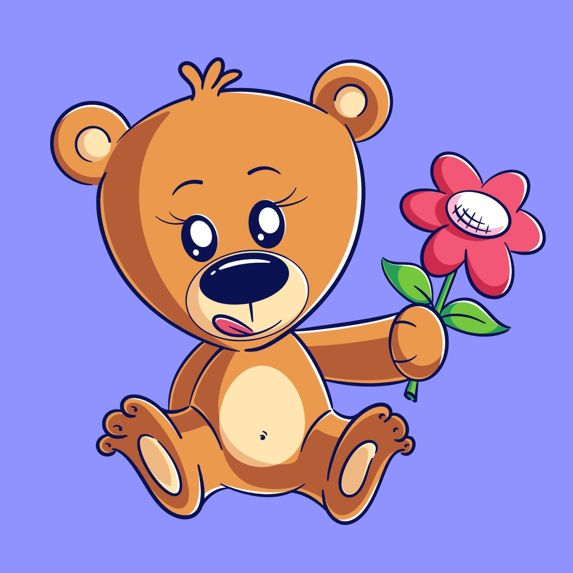 Cute bear sitting carrying flowers Stock Free