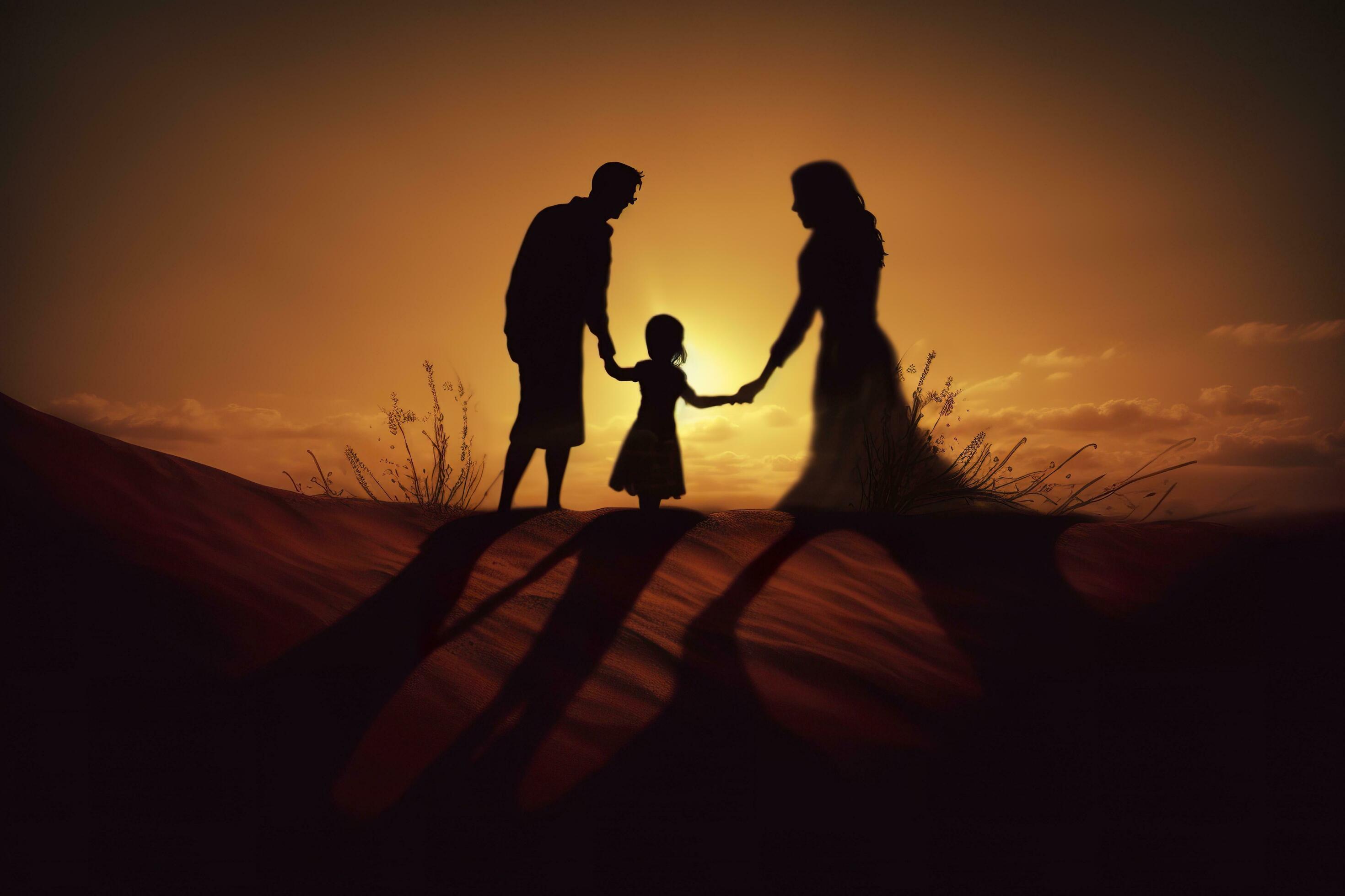 Shadow of Happy family together, parents with their little baby at sunset. A Silhouette of Love and Unity. AI Generative Stock Free