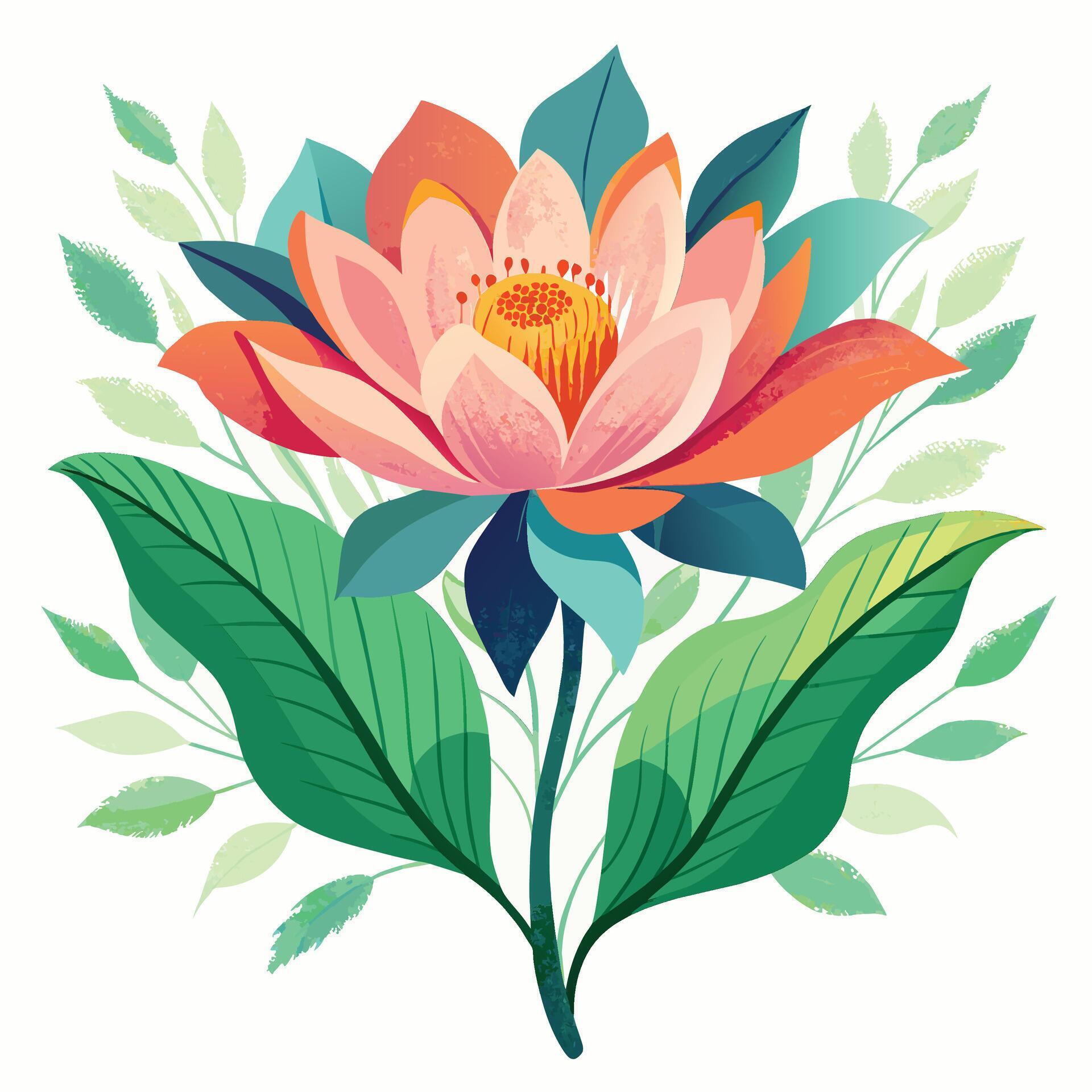 Beautiful pink lotus flower and green leaves. Vector illustration. Stock Free