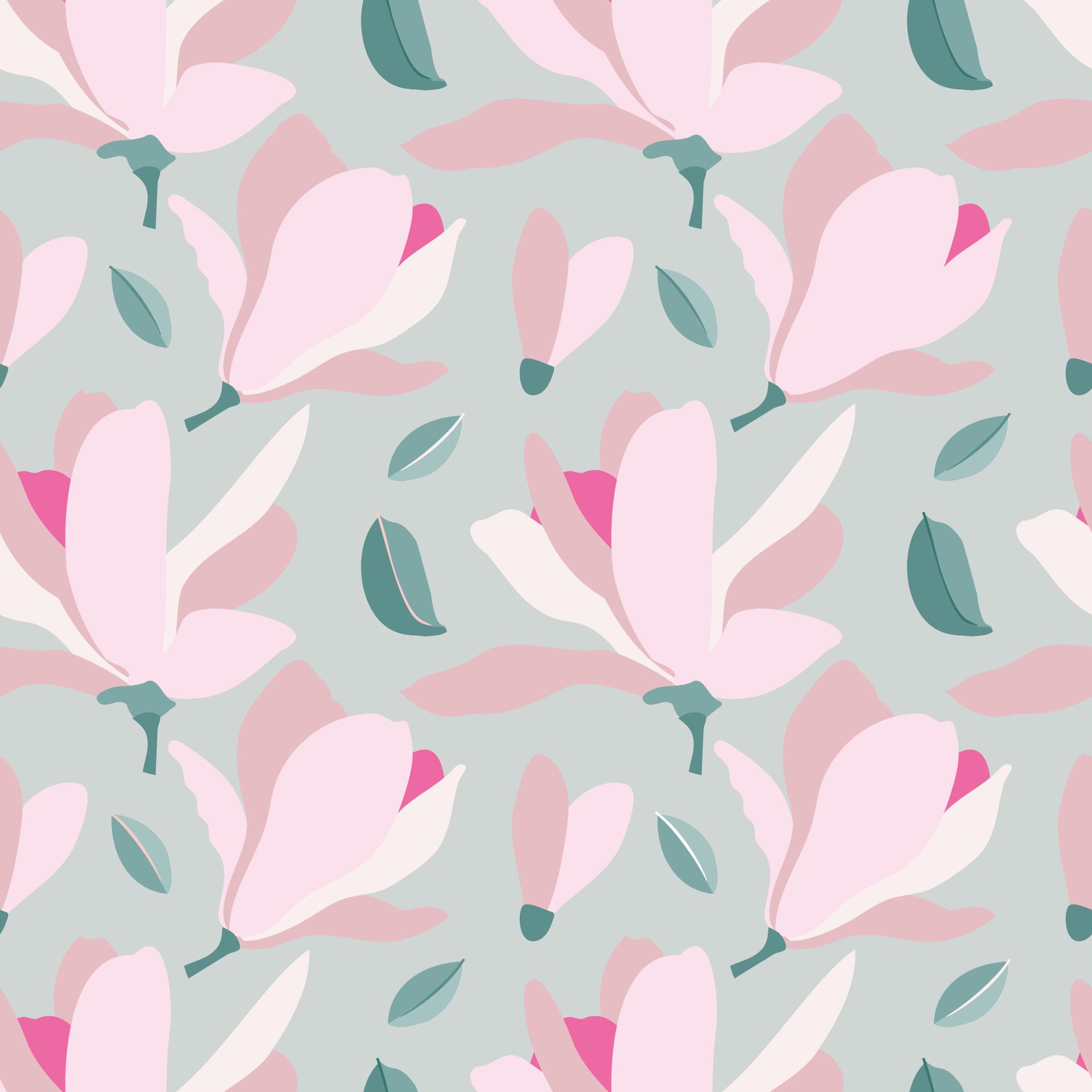 Pattern with Magnolia flowers. Pink on Gray background Free Vector