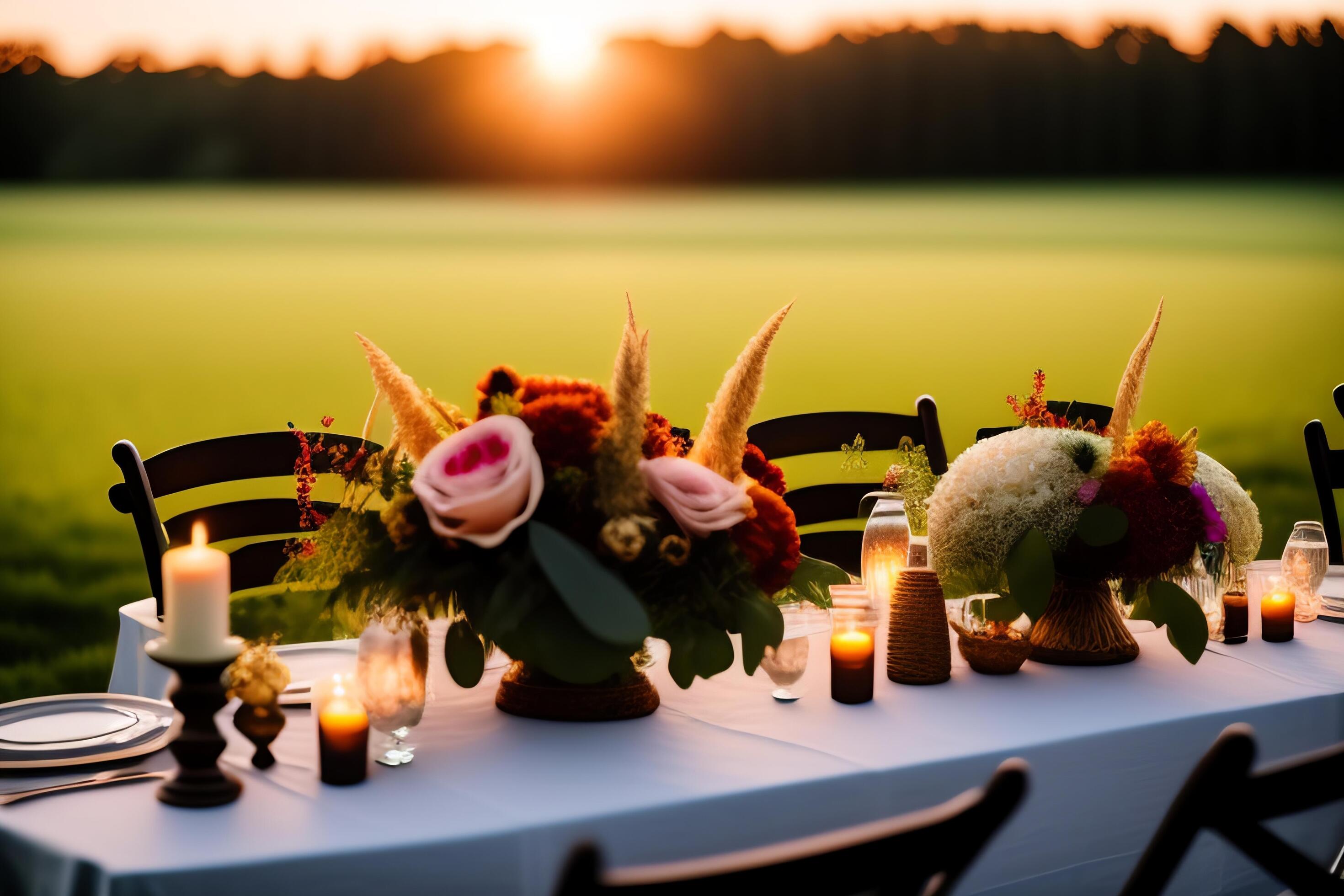 Wedding table setting with flowers and crockery on the grass. Stock Free