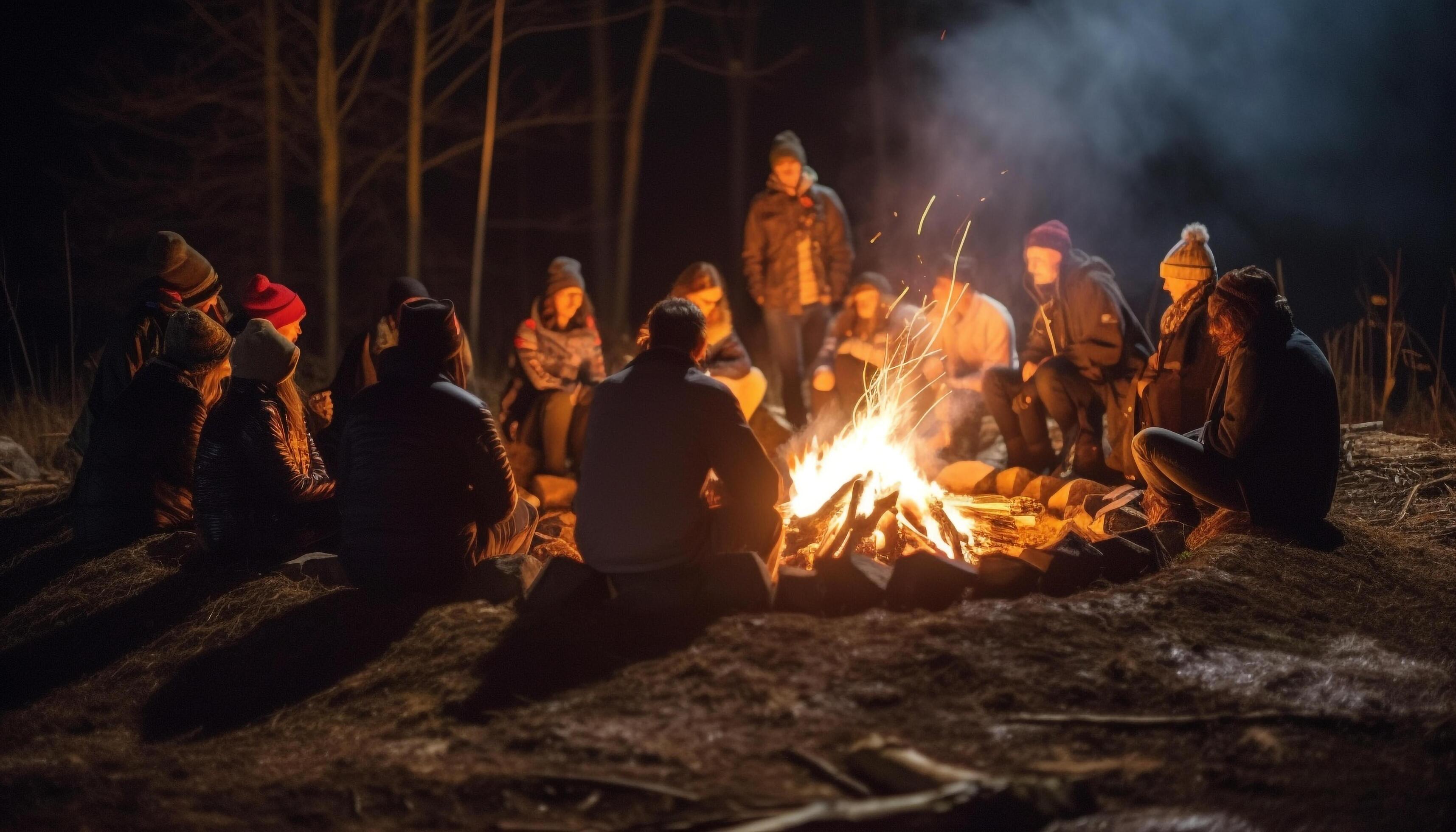 A joyful family picnic around burning coal generated by AI Stock Free