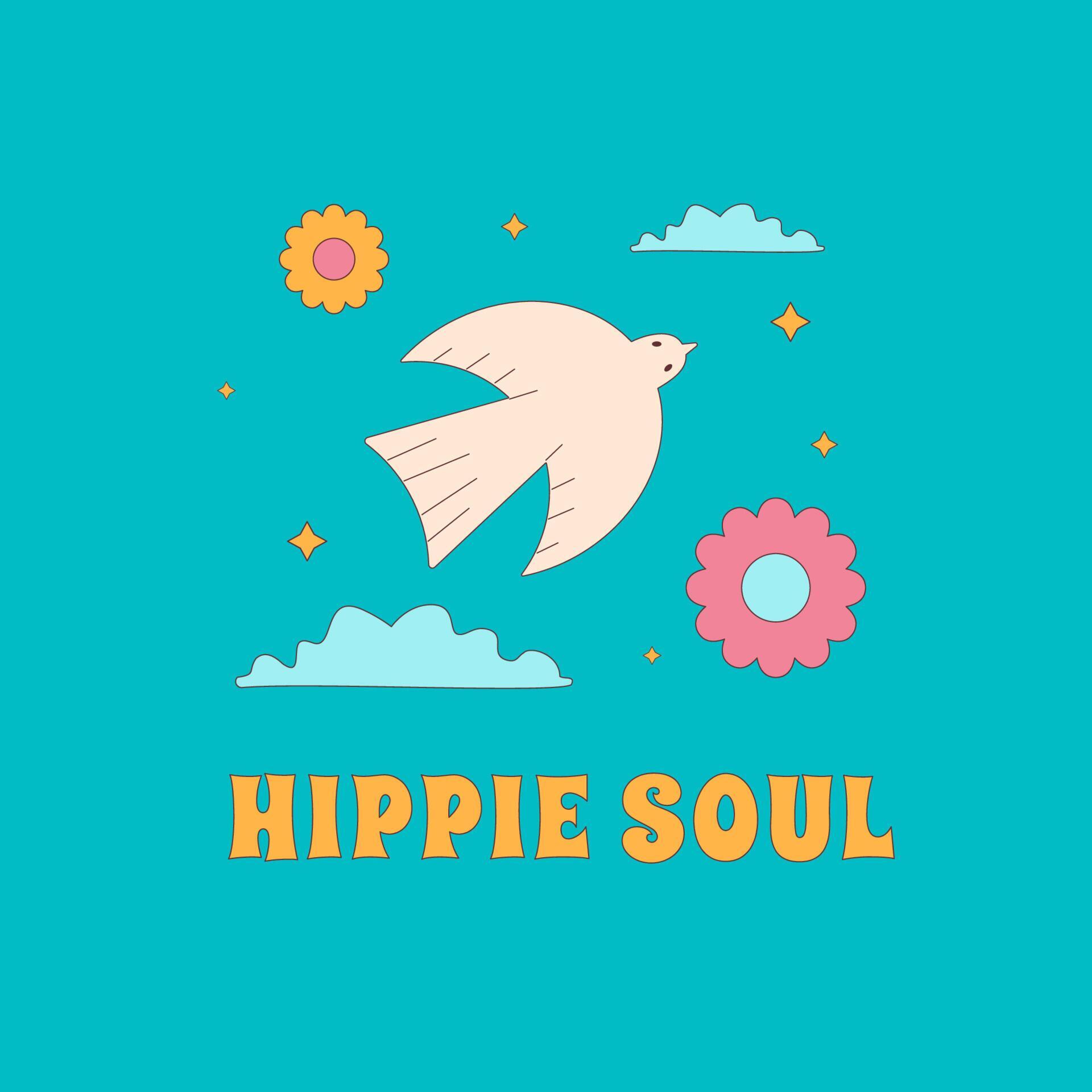 Print with a dove flying in the clouds and flowers with the inscription Hippie soul. Retro sticker design in the style of the 1960s, 1970s. Stock Free