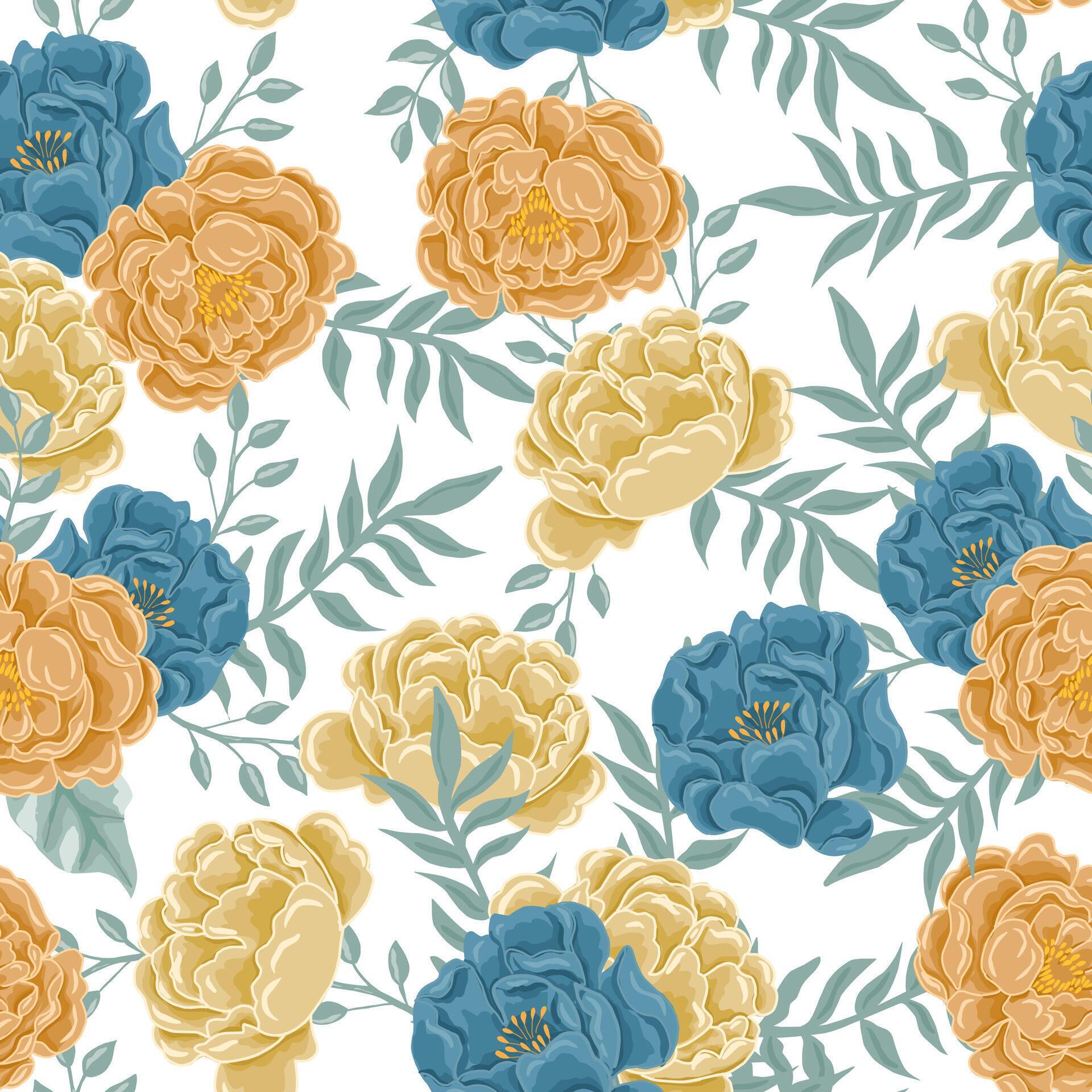 Vintage Blue and Orange Rose Flower Seamless Pattern Stock Free