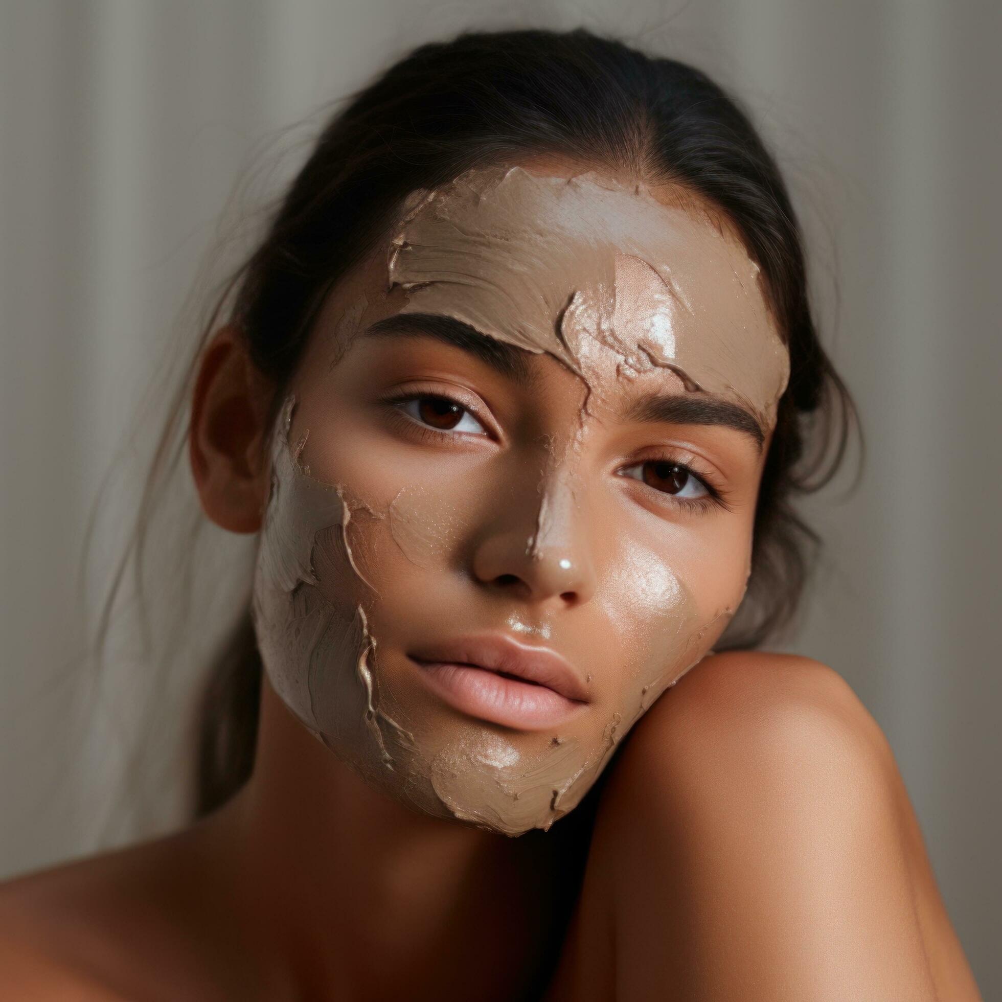 woman’s face with a clay mask on. The mask is a light brown color and is drying on her skin Free Photo