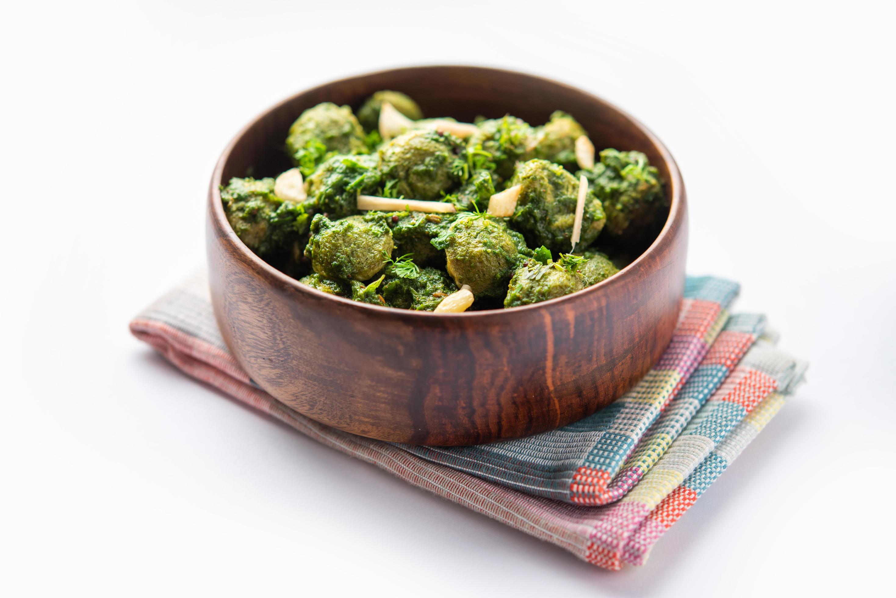 Soya Chunks Palak curry also known as Spinach Soyabean chunks sabzi or sabji, Healthy Indian food Stock Free