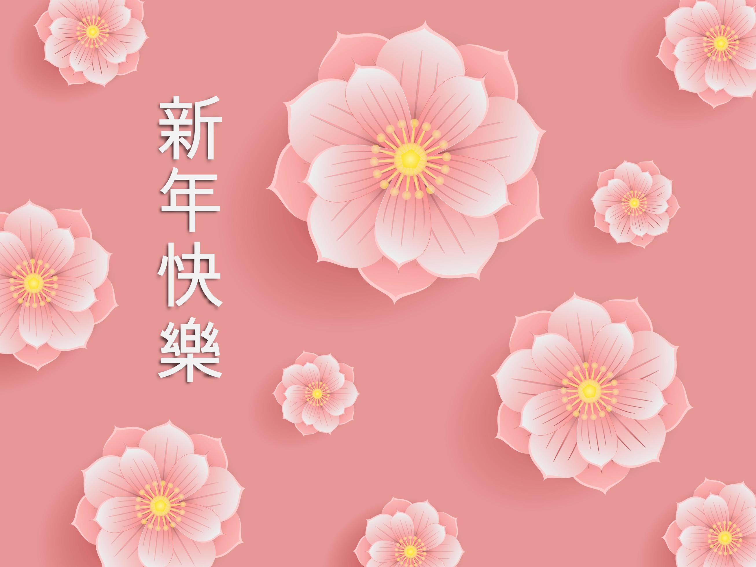 Pink flowers illustration with Chinese calligraphy Stock Free