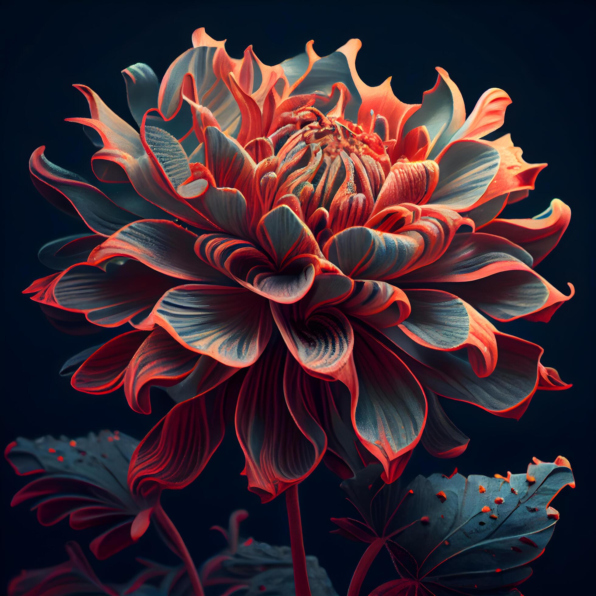 Red and blue dahlia flower on dark background. 3D rendering, Image Stock Free