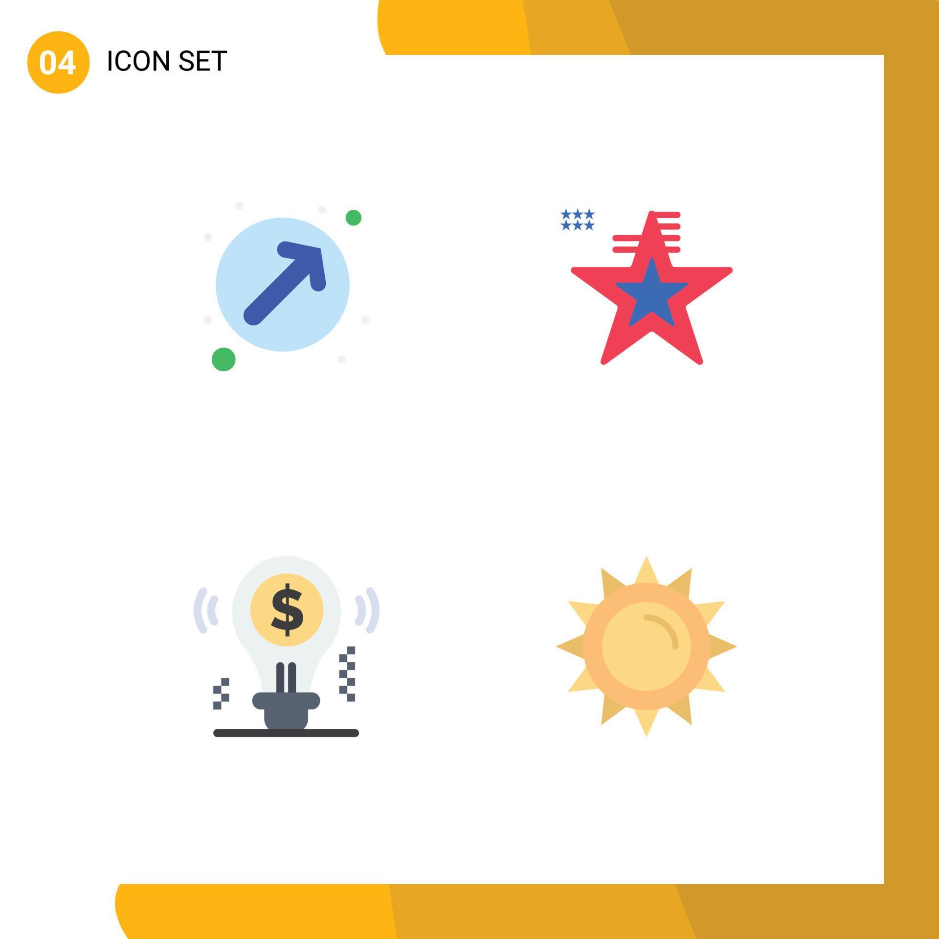 Set of 4 Commercial Flat Icons pack for arrow bulb up right flag dollar Editable Vector Design Elements Stock Free