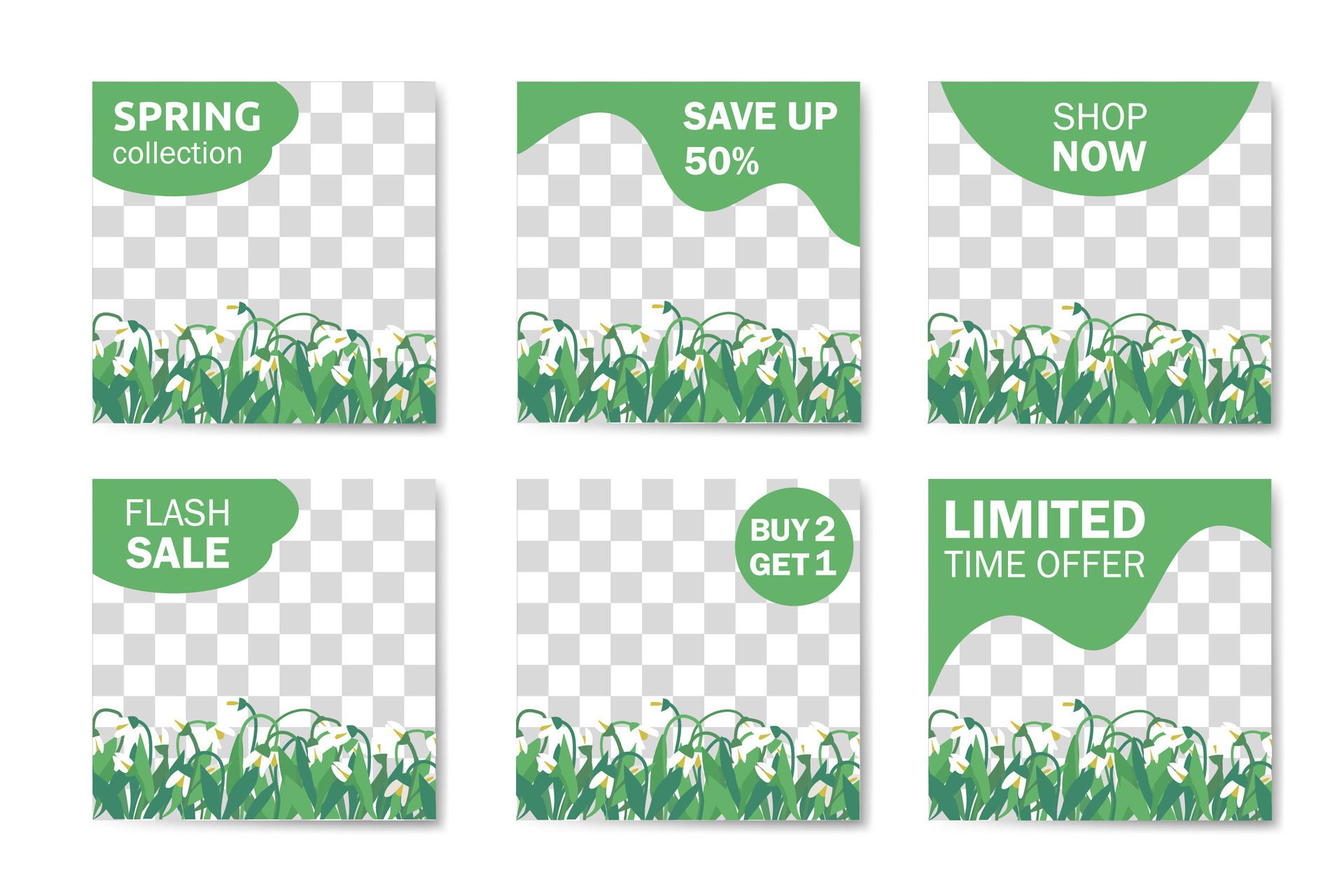 Set of spring square modern social media web banners templates with hand drawn snowdrops Free Vector