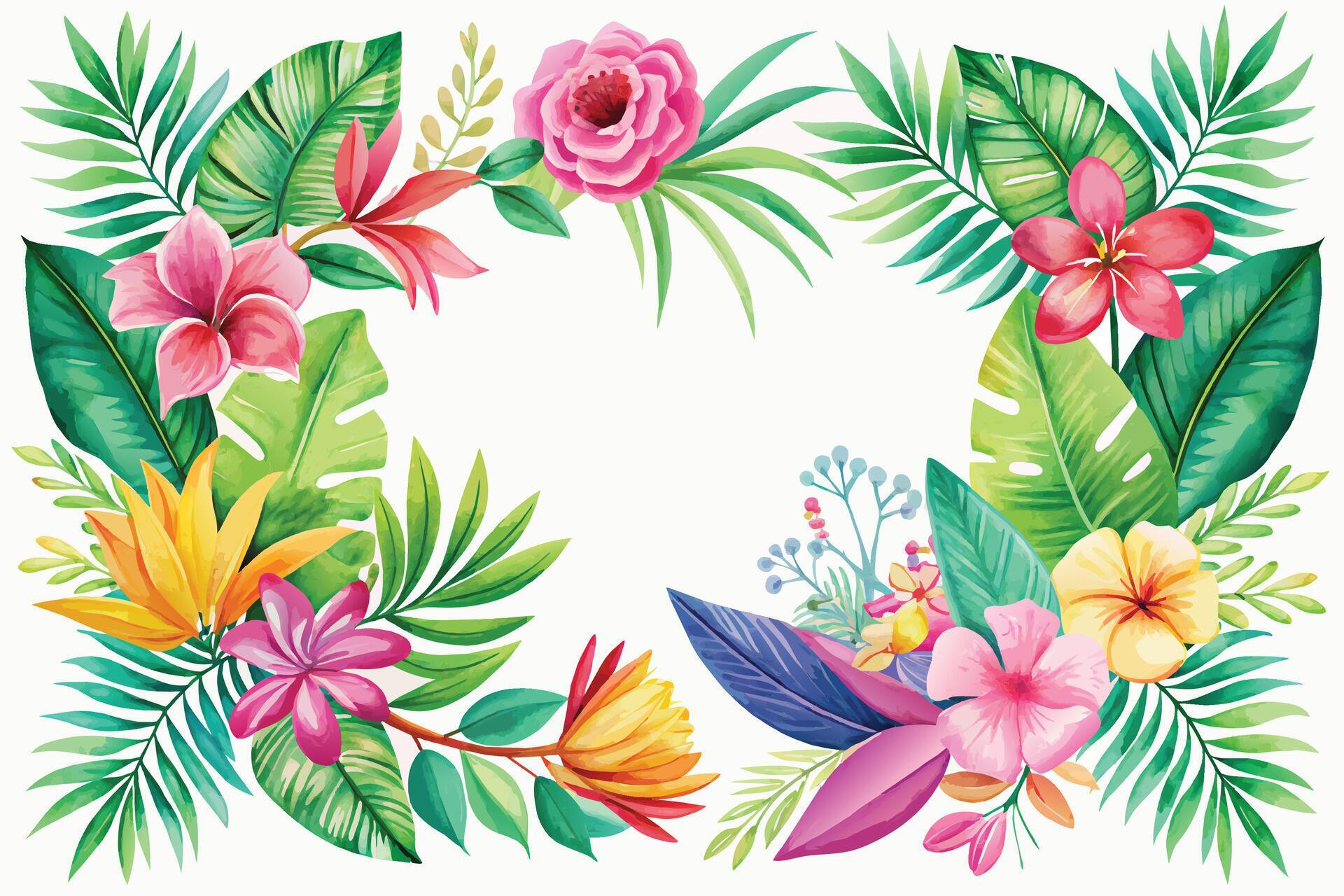 
									tropical flowers and leafs frame with floral decoration vector illustration design Stock Free