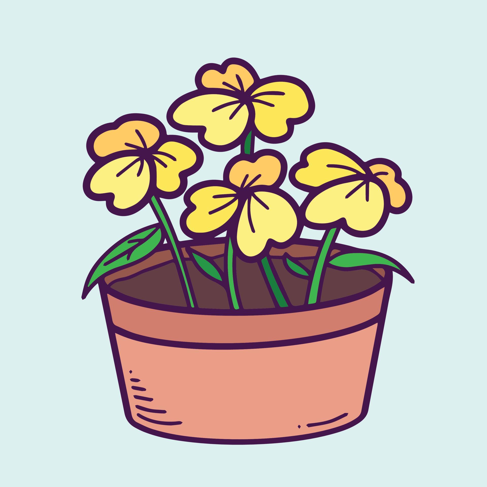 Cute yellow flowers in a small clay brown pot. Vector illustration with cartoon flat art style. Stock Free