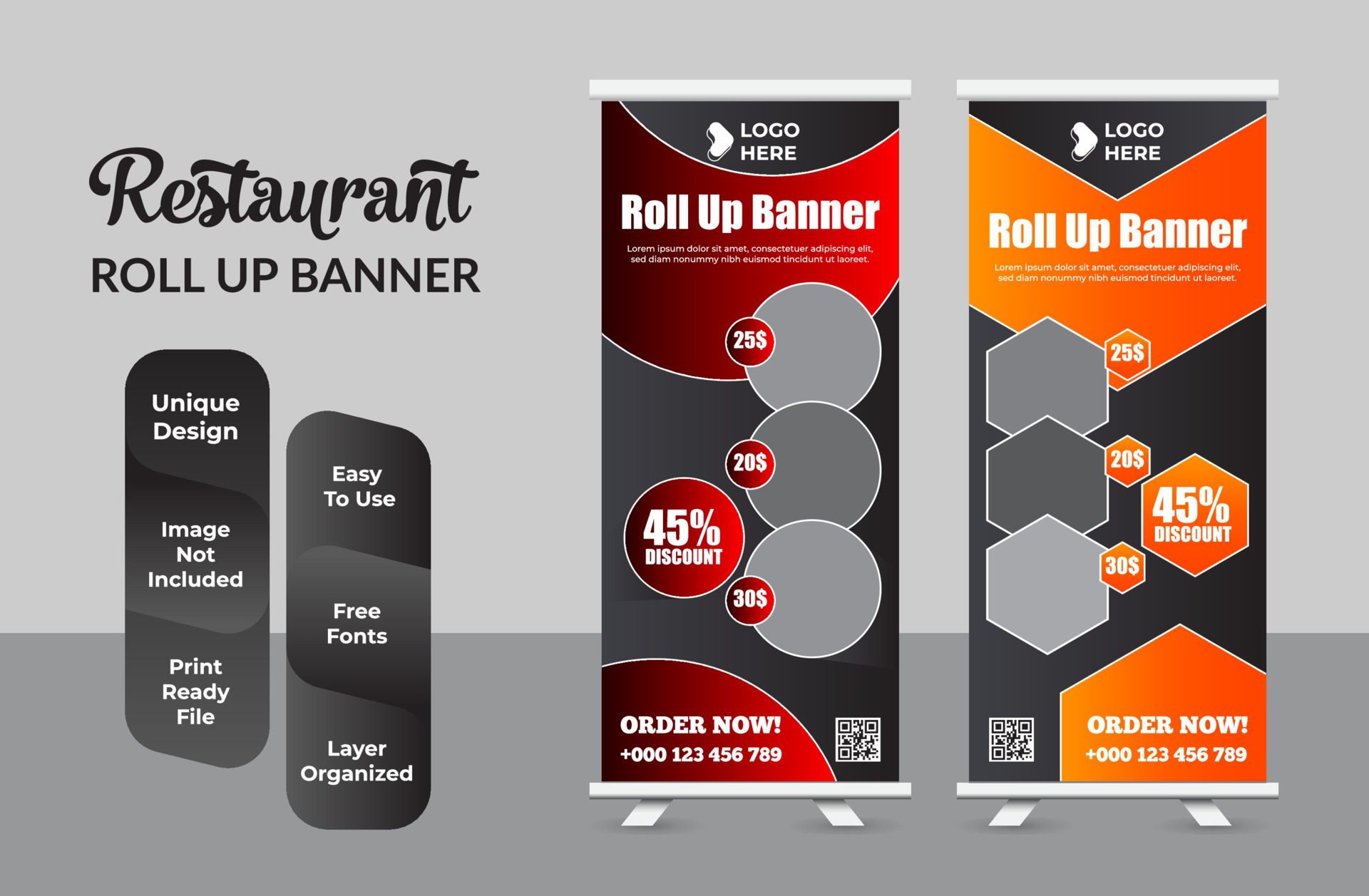 Modern food roll up banner design template set Free Vector