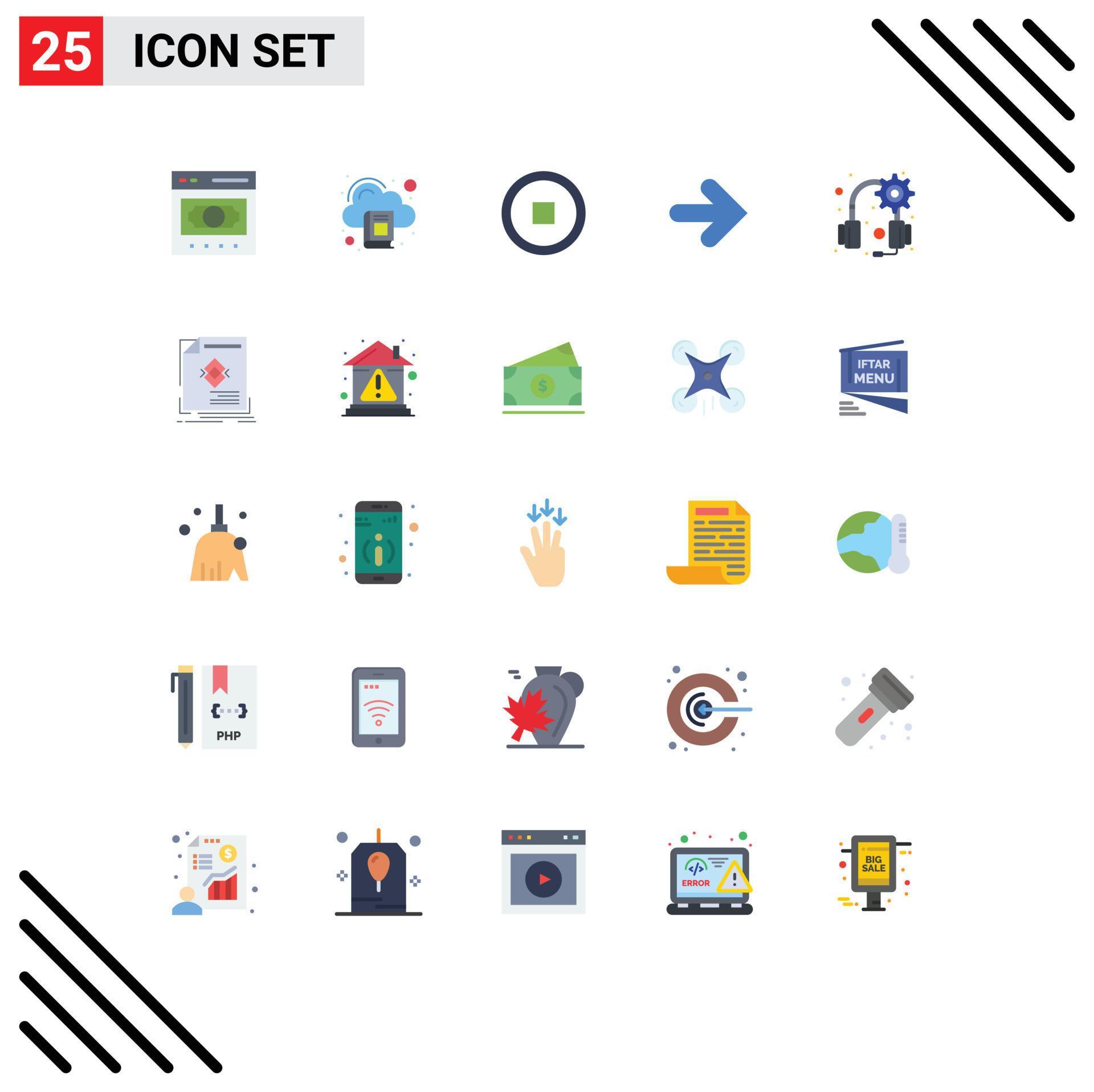 Mobile Interface Flat Color Set of 25 Pictograms of headphones right book arrows arrow Editable Vector Design Elements Stock Free