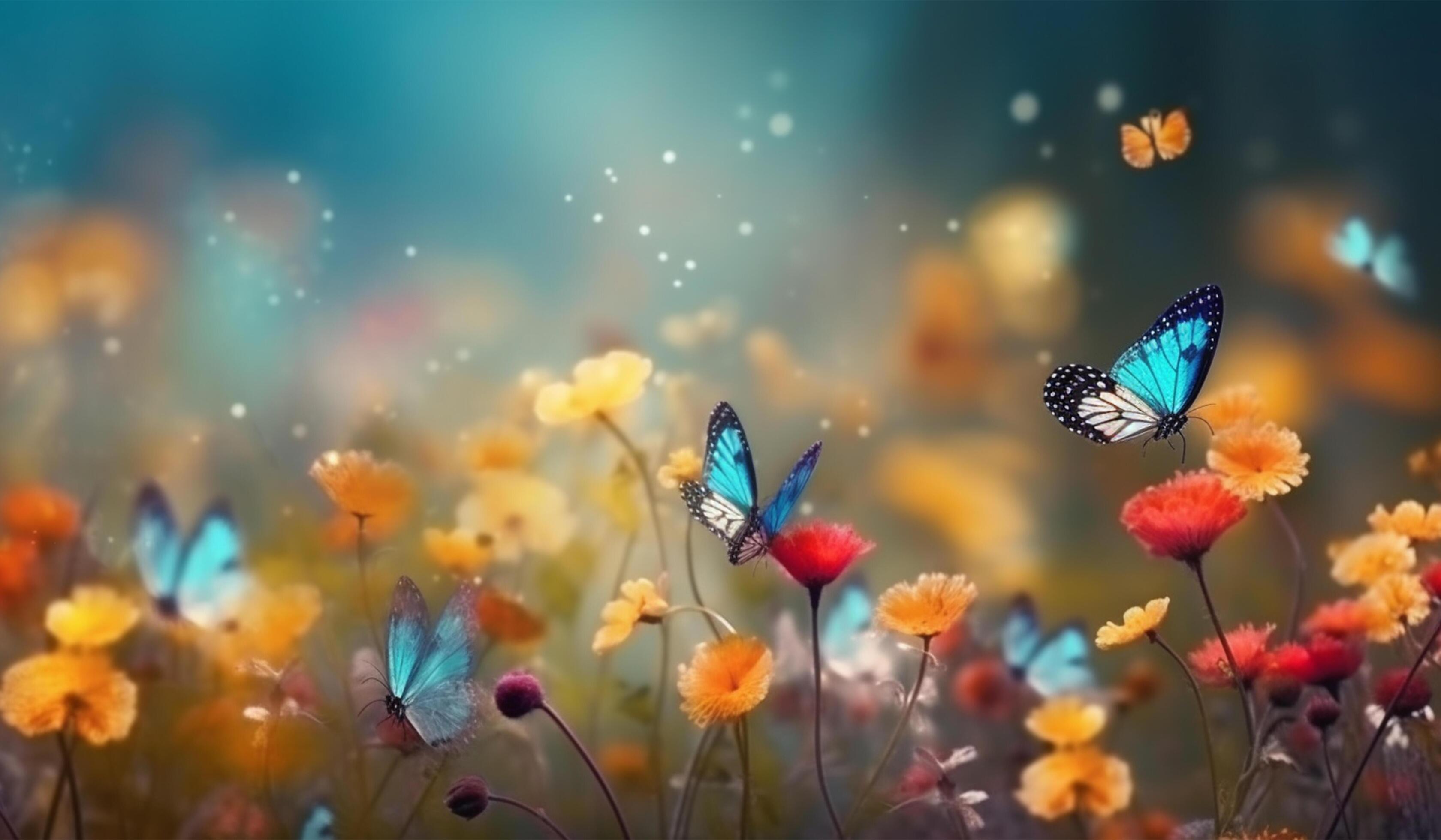 spring background. colorful flowers and butterflies. Stock Free