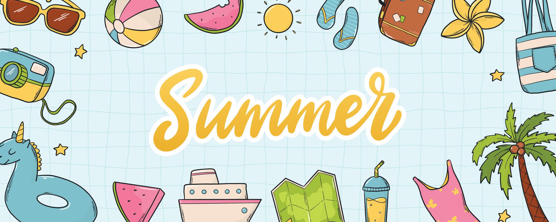 Summer horizontal banner with frame of doodles and lettering quote. Good for prints, posters, templates, sales, cards, etc. EPS 10 Free Vector