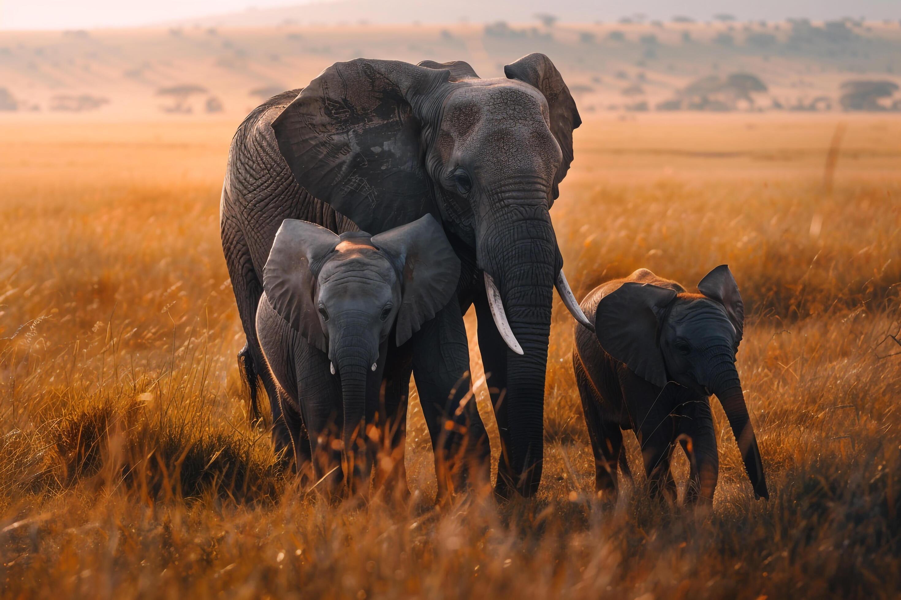 Elephant family walking through the savanna. Nature. Background Stock Free