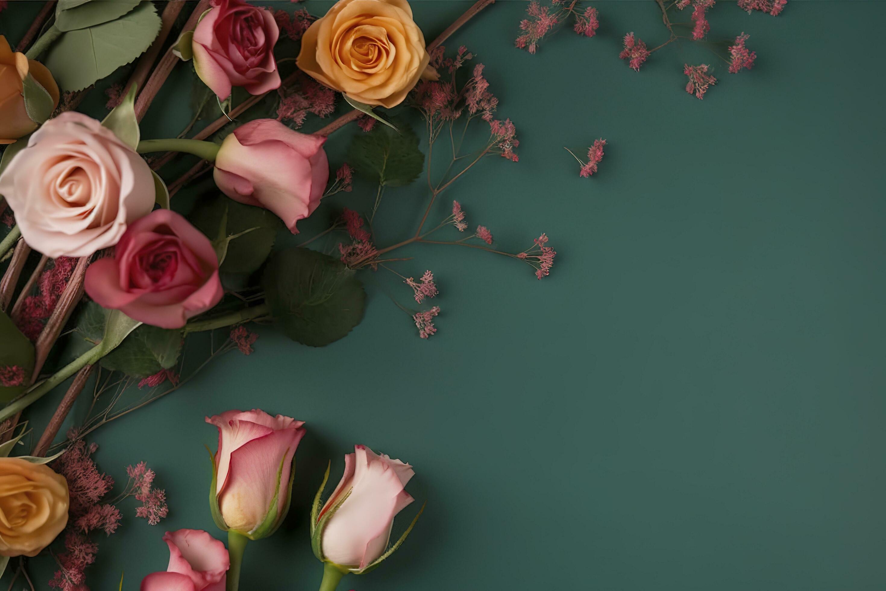 Roses Flower Arrangement, Copy Space, Flat Lay , generate ai Stock Free