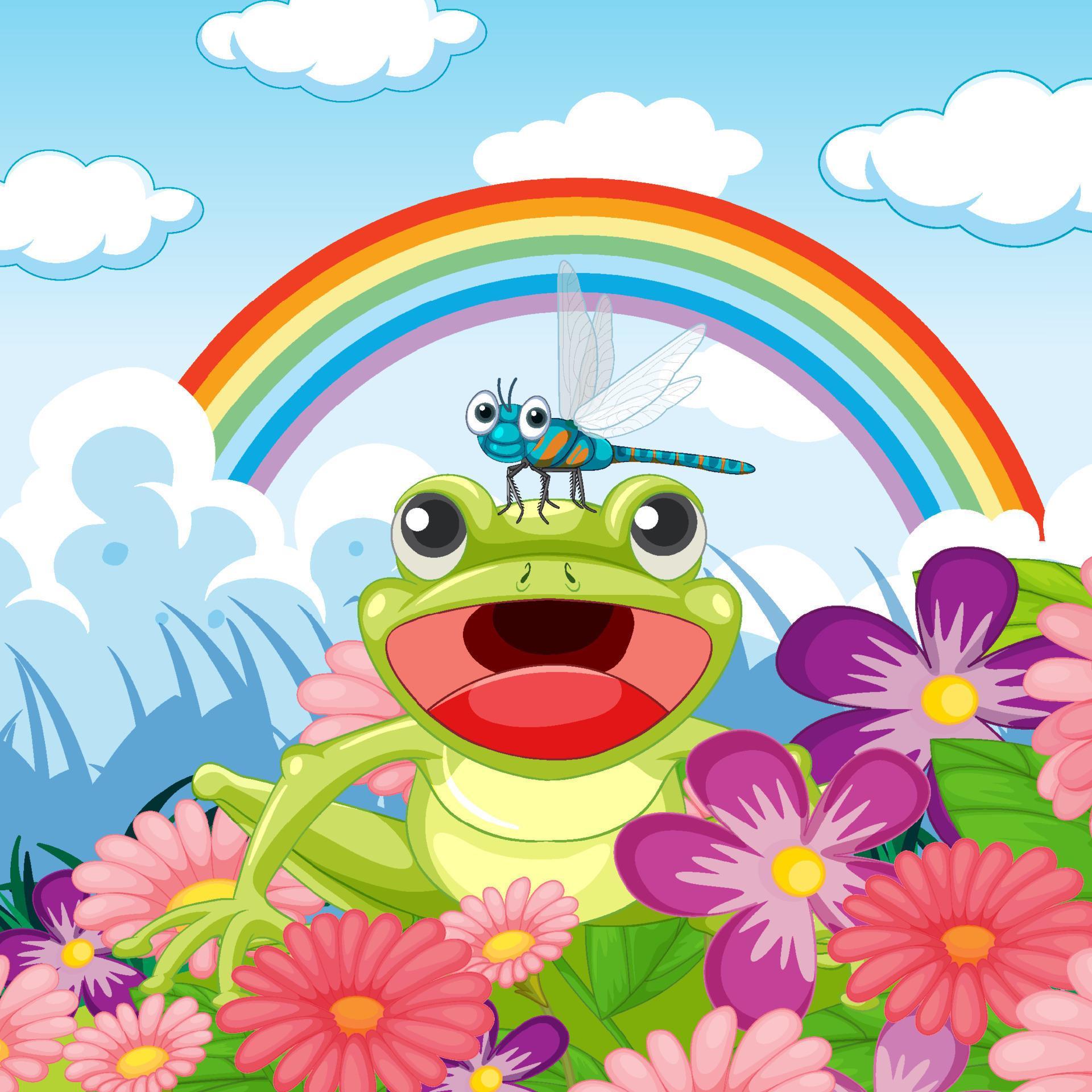 Flower field with cartoon frog and dragonfly Stock Free