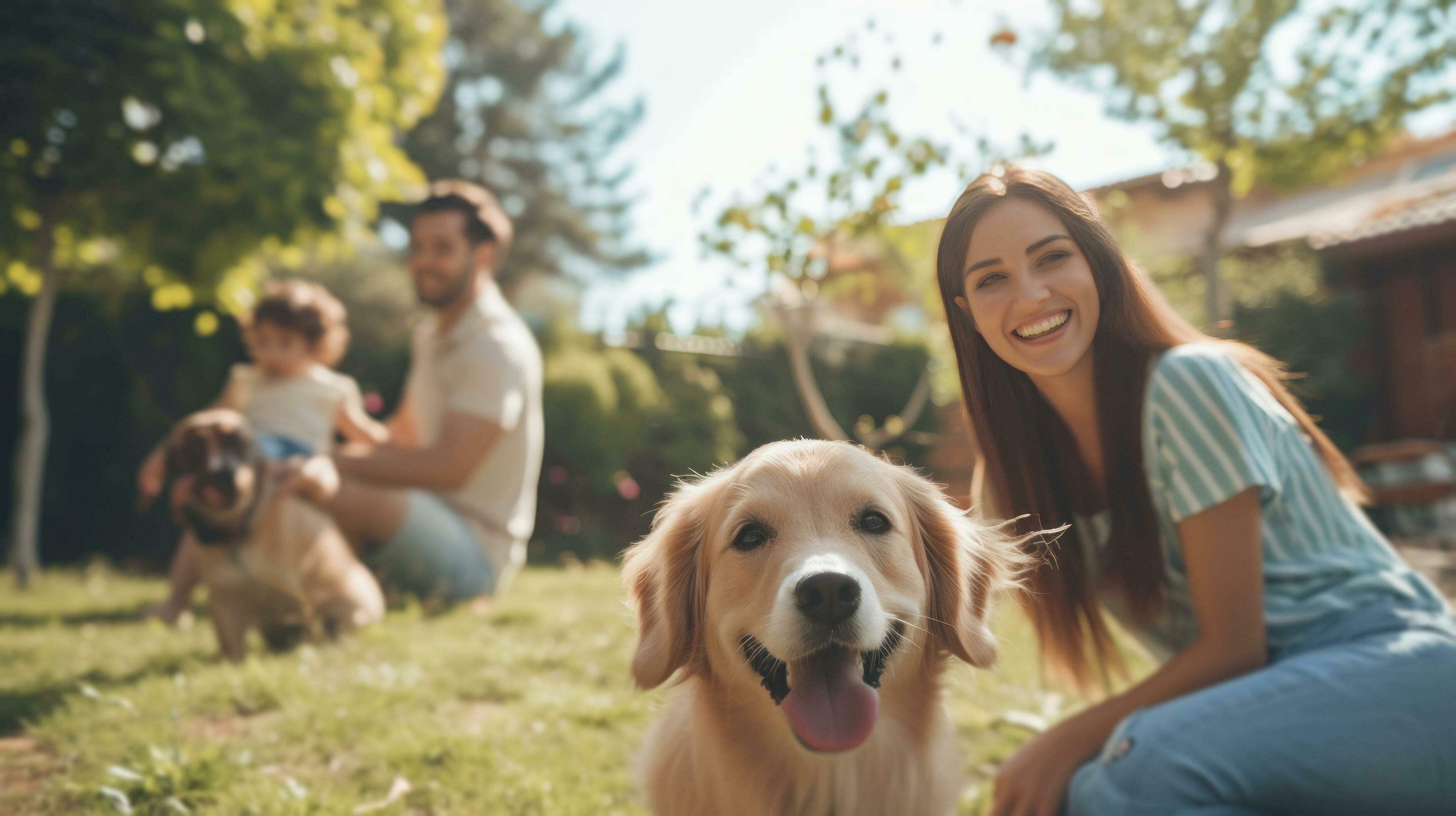 AI generated beautiful advertisment photo of happy beautiful family playing with dog in garden with copy space Stock Free