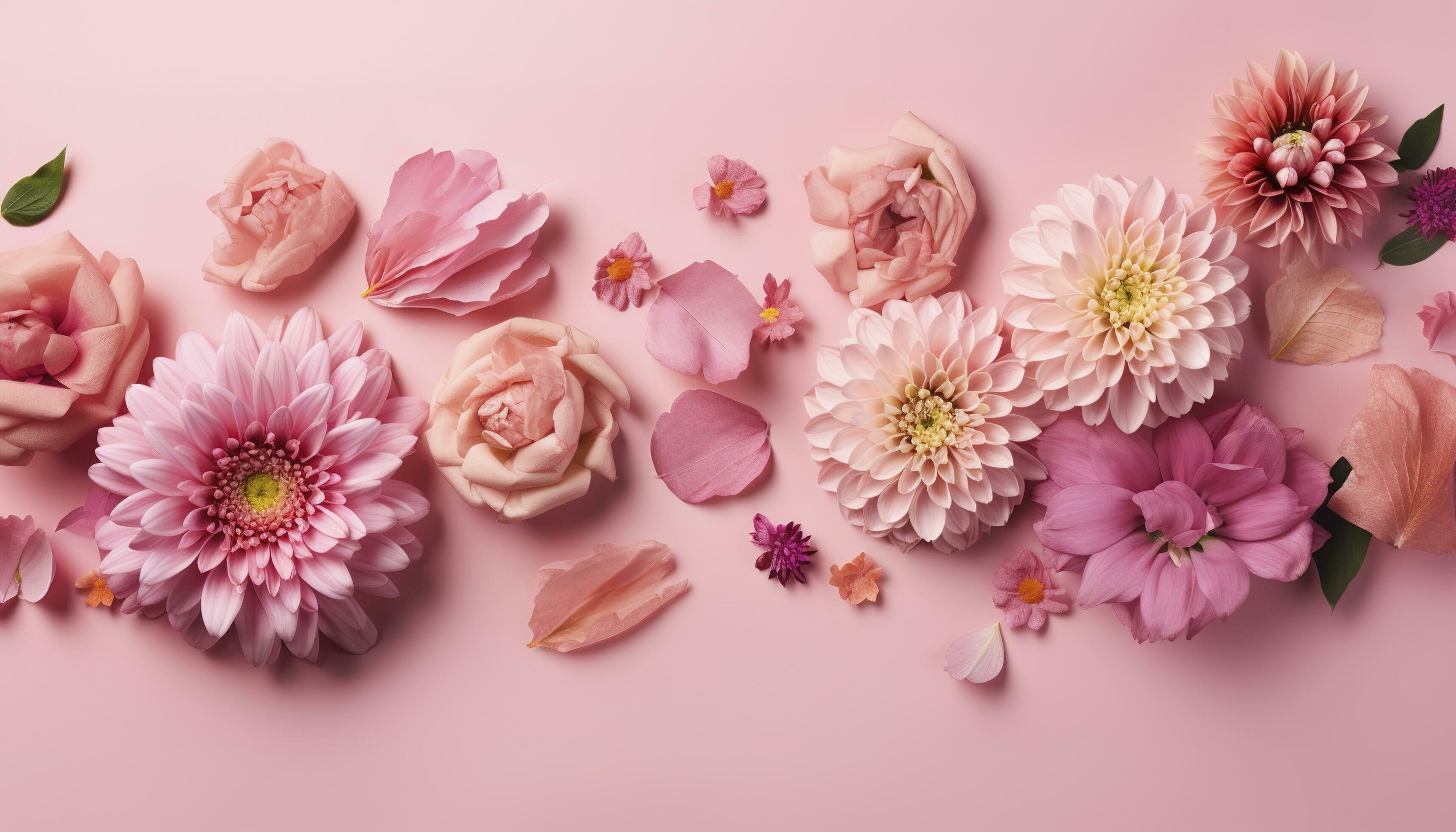 pink flowers composition over pastel background, generate ai Stock Free