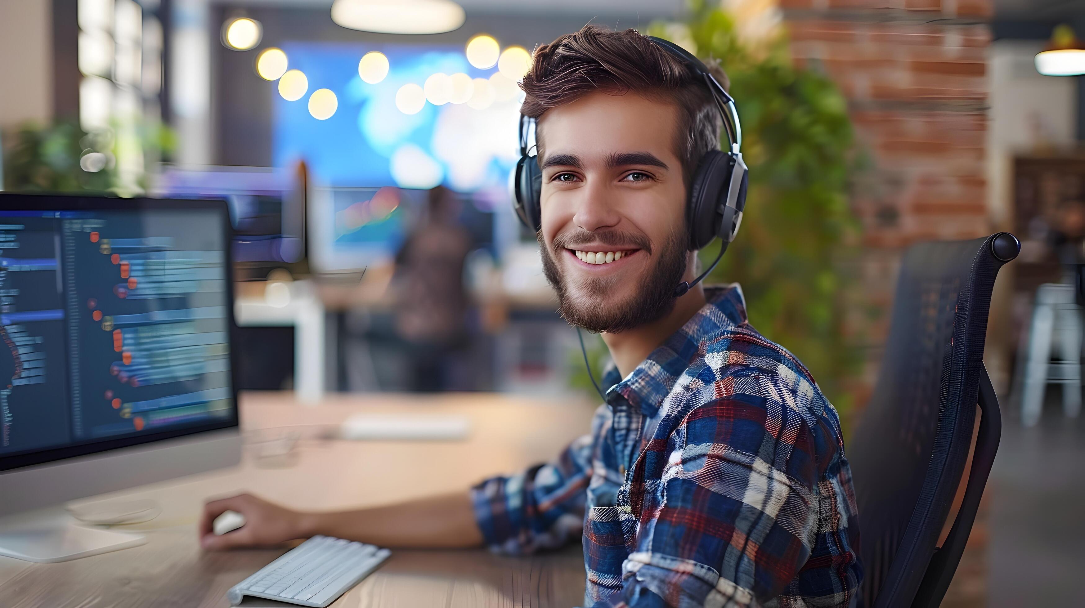 Cheerful Young Professional Developer Working at Office Desk with Laptop Computer Stock Free